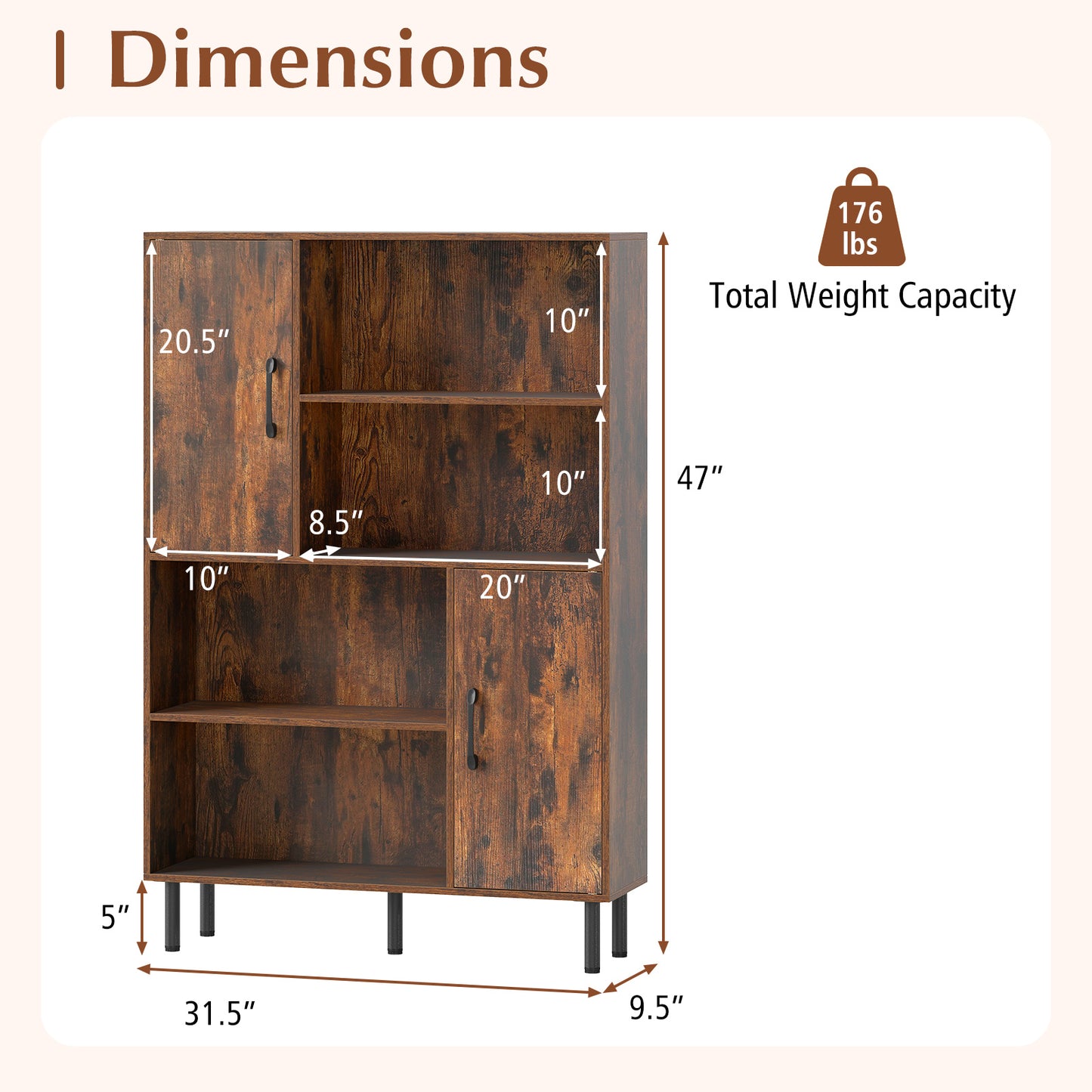 47 Inch Storage Cabinet Freestanding Bookcase with 2 Doors and 4 Open Shelves, Rustic Brown Bookcases at Gallery Canada