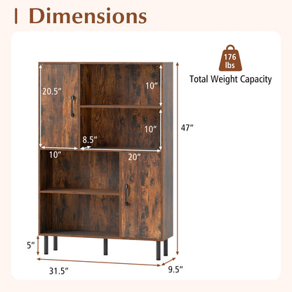 47 Inch Storage Cabinet Freestanding Bookcase with 2 Doors and 4 Open Shelves, Rustic Brown Bookcases at Gallery Canada