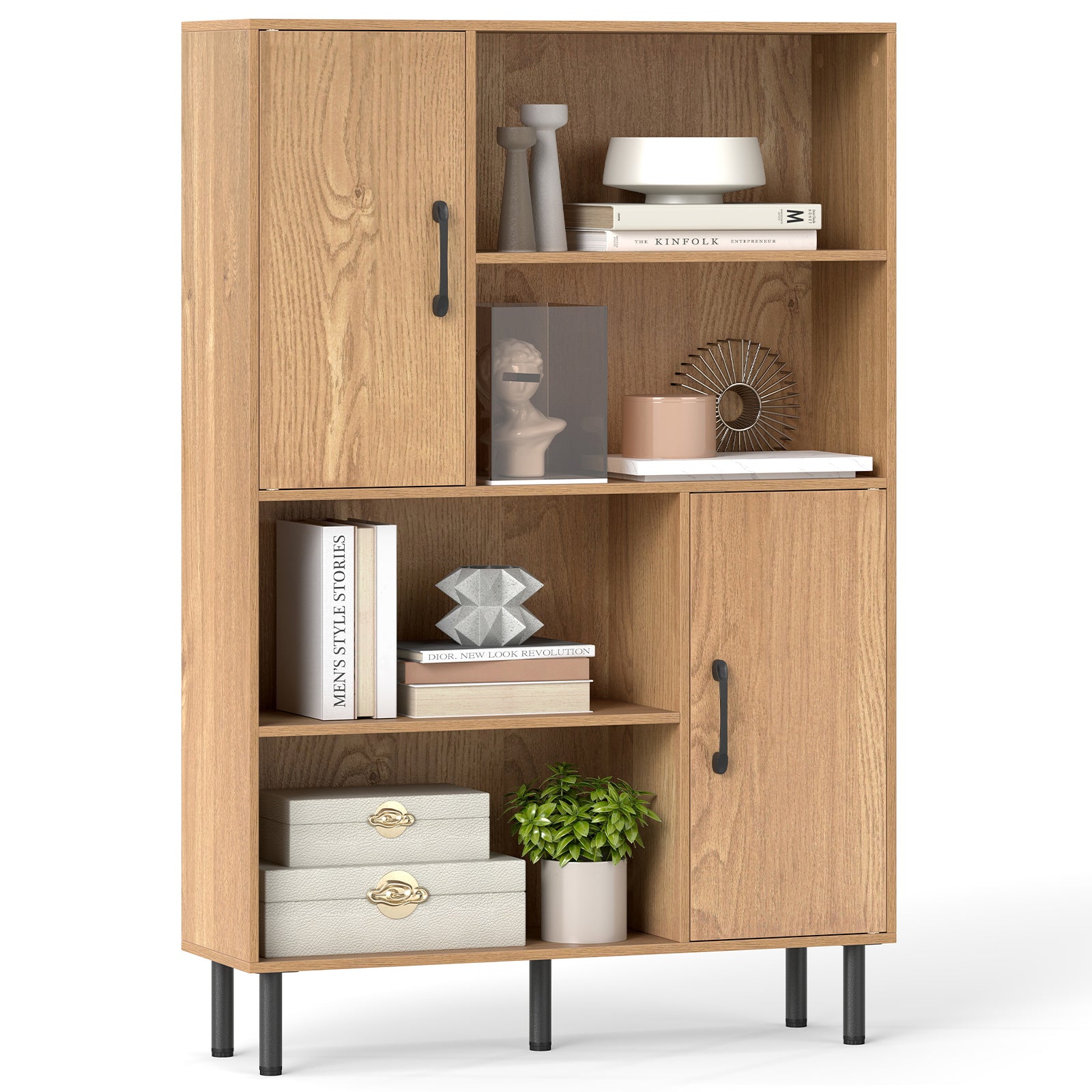 47 Inch Storage Cabinet Freestanding Bookcase with 2 Doors and 4 Open Shelves, Natural Bookcases at Gallery Canada