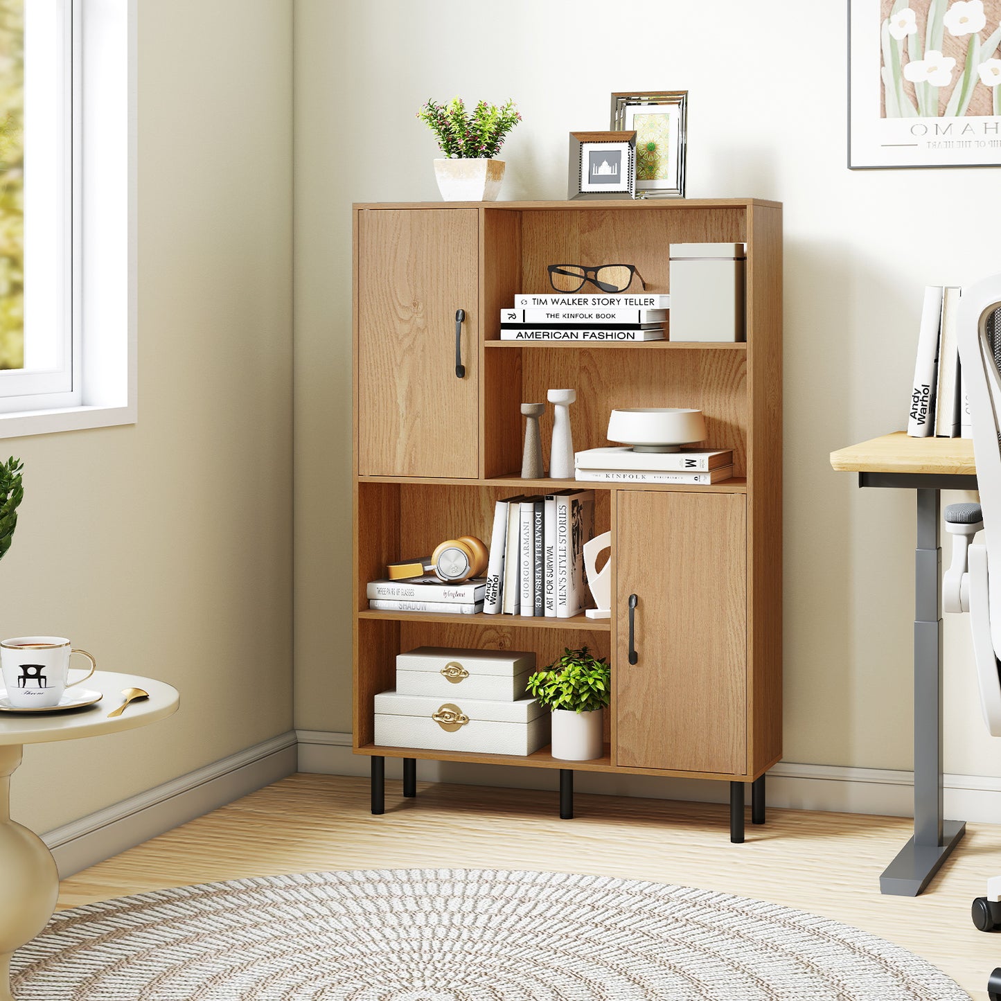 47 Inch Storage Cabinet Freestanding Bookcase with 2 Doors and 4 Open Shelves, Natural Bookcases at Gallery Canada