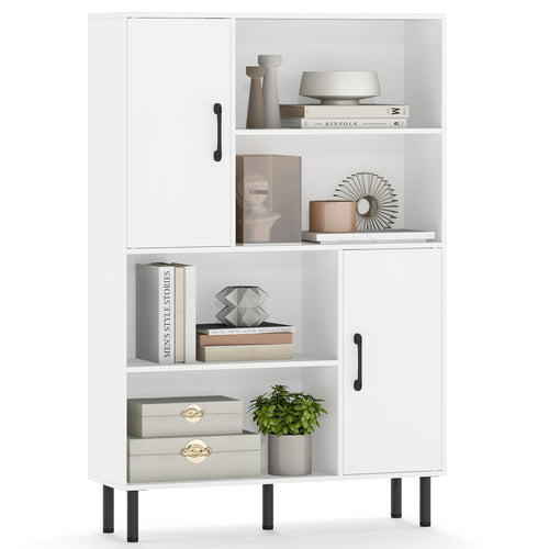 47 Inch Storage Cabinet Freestanding Bookcase with 2 Doors and 4 Open Shelves, White