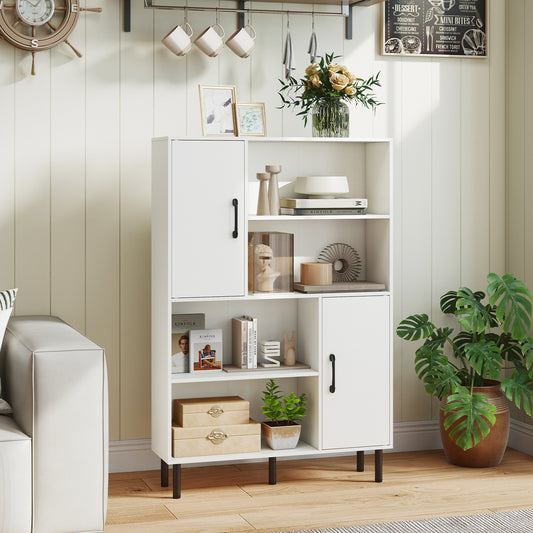 47 Inch Storage Cabinet Freestanding Bookcase with 2 Doors and 4 Open Shelves, White Bookcases White at Gallery Canada