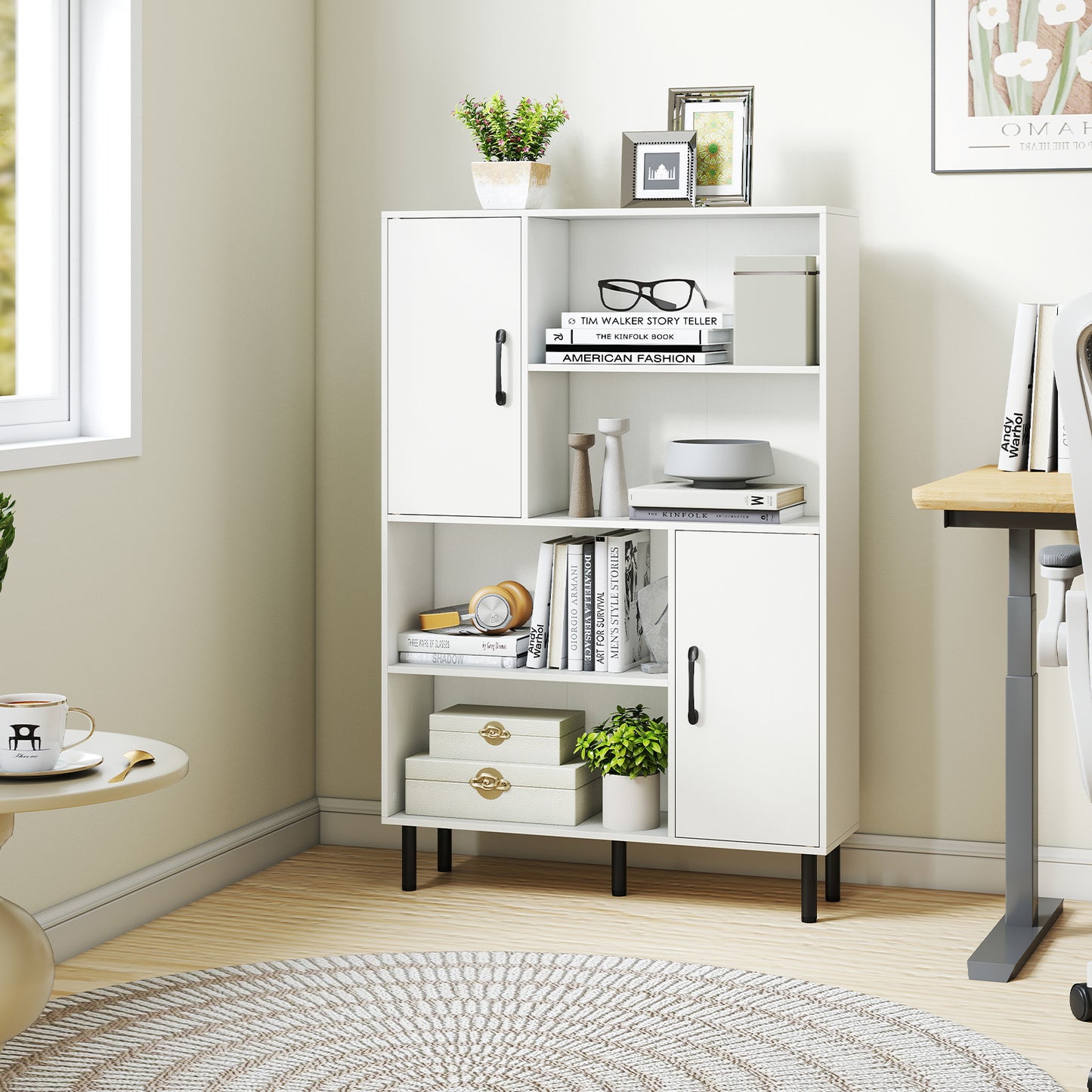 47 Inch Storage Cabinet Freestanding Bookcase with 2 Doors and 4 Open Shelves, White Bookcases at Gallery Canada