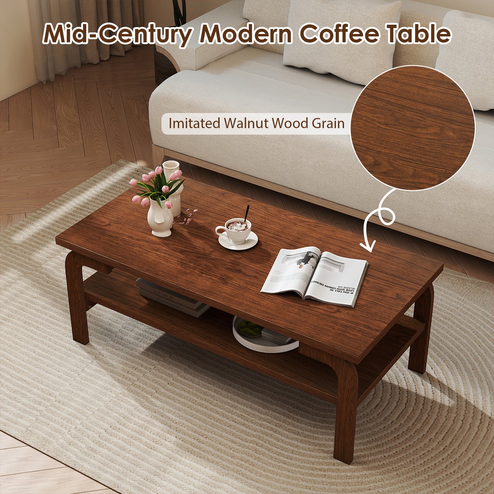 47 Inches Accent Rectangular Coffee Table for Living Room, Walnut Coffee Tables at Gallery Canada