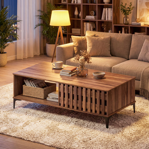 47 Inch Mid Century Coffee Table, Farmhouse Wooden Center Table, Walnut