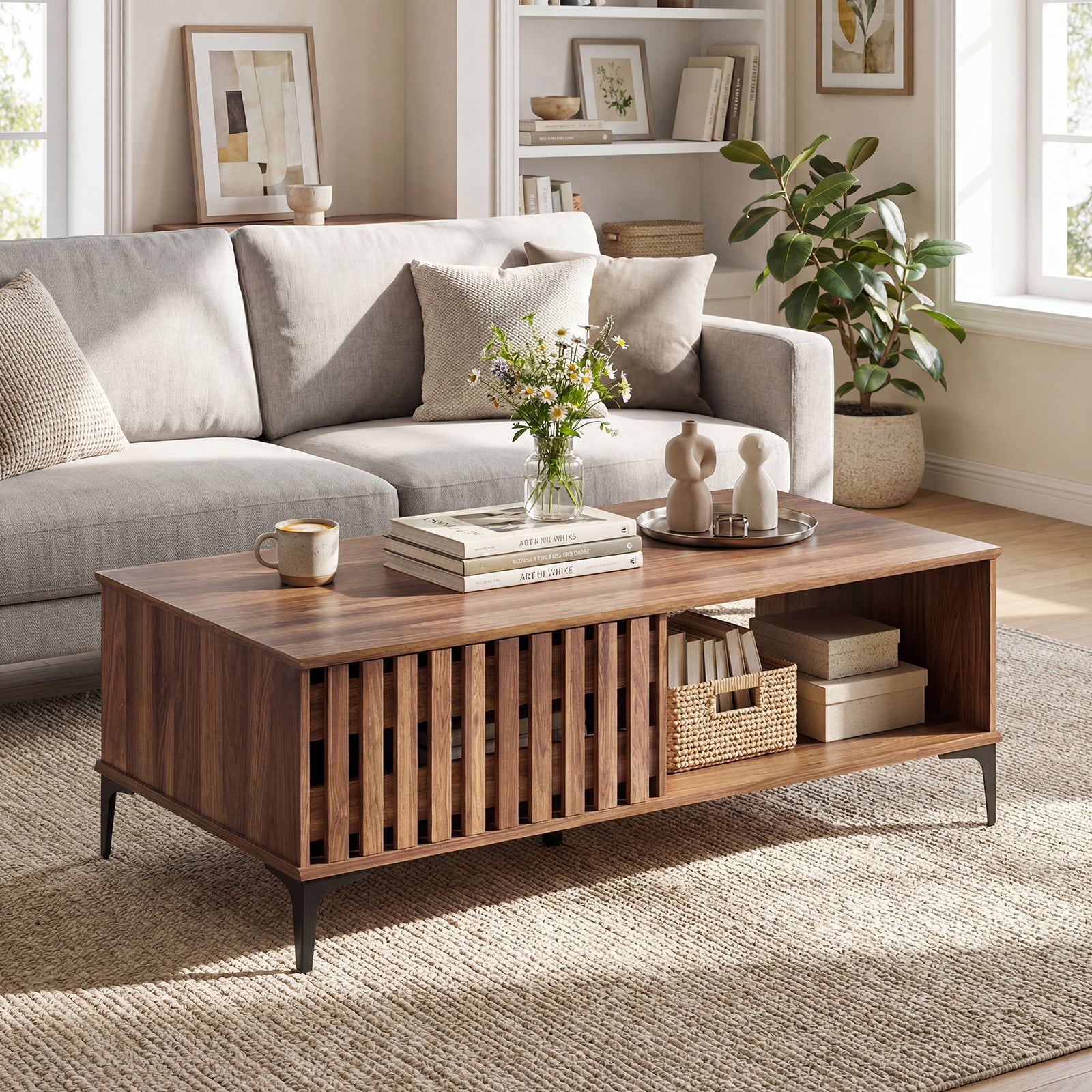 47 Inch Mid Century Coffee Table, Farmhouse Wooden Center Table, Walnut Entertainment Centers & TV Stands at Gallery Canada