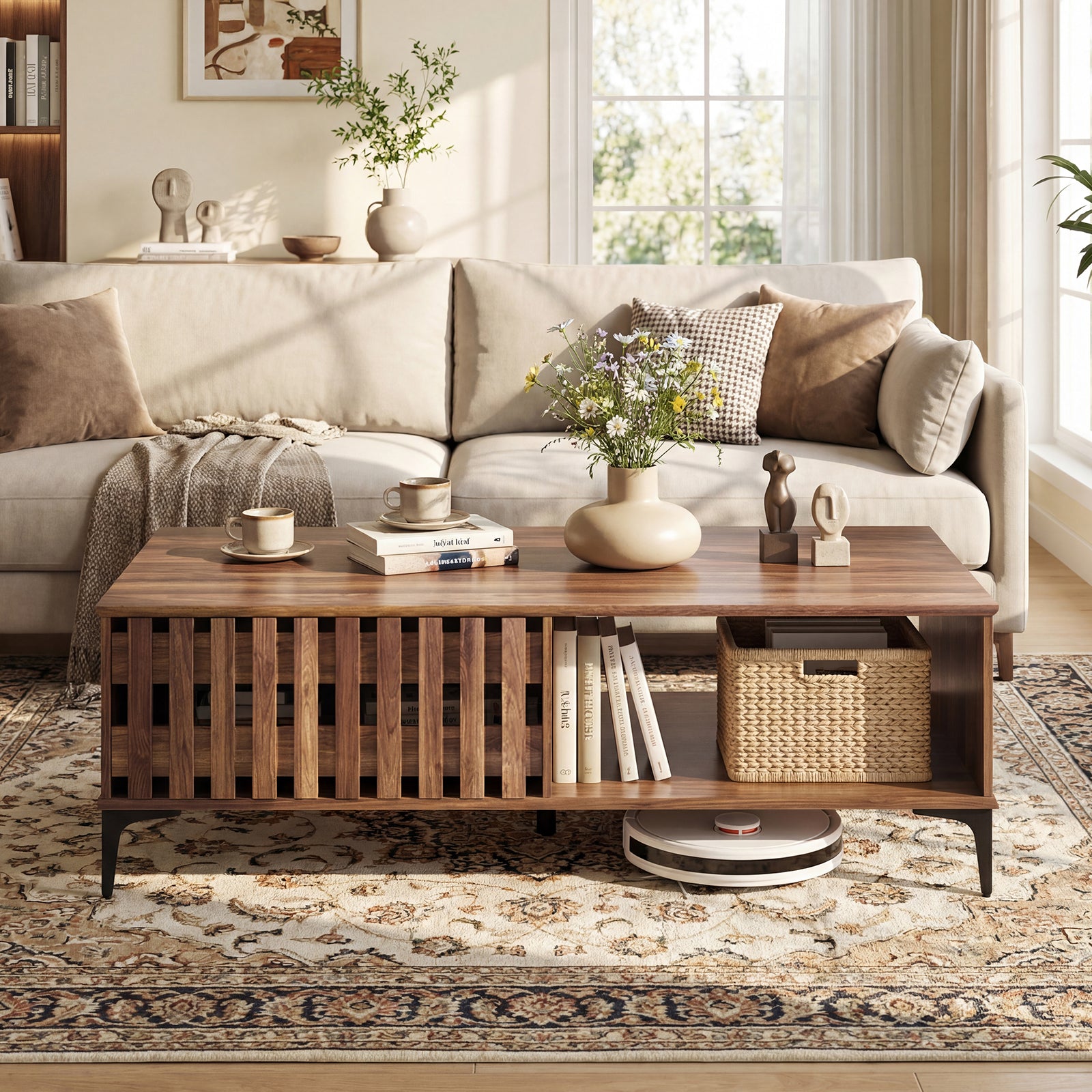 47 Inch Mid Century Coffee Table, Farmhouse Wooden Center Table, Walnut Entertainment Centers & TV Stands at Gallery Canada