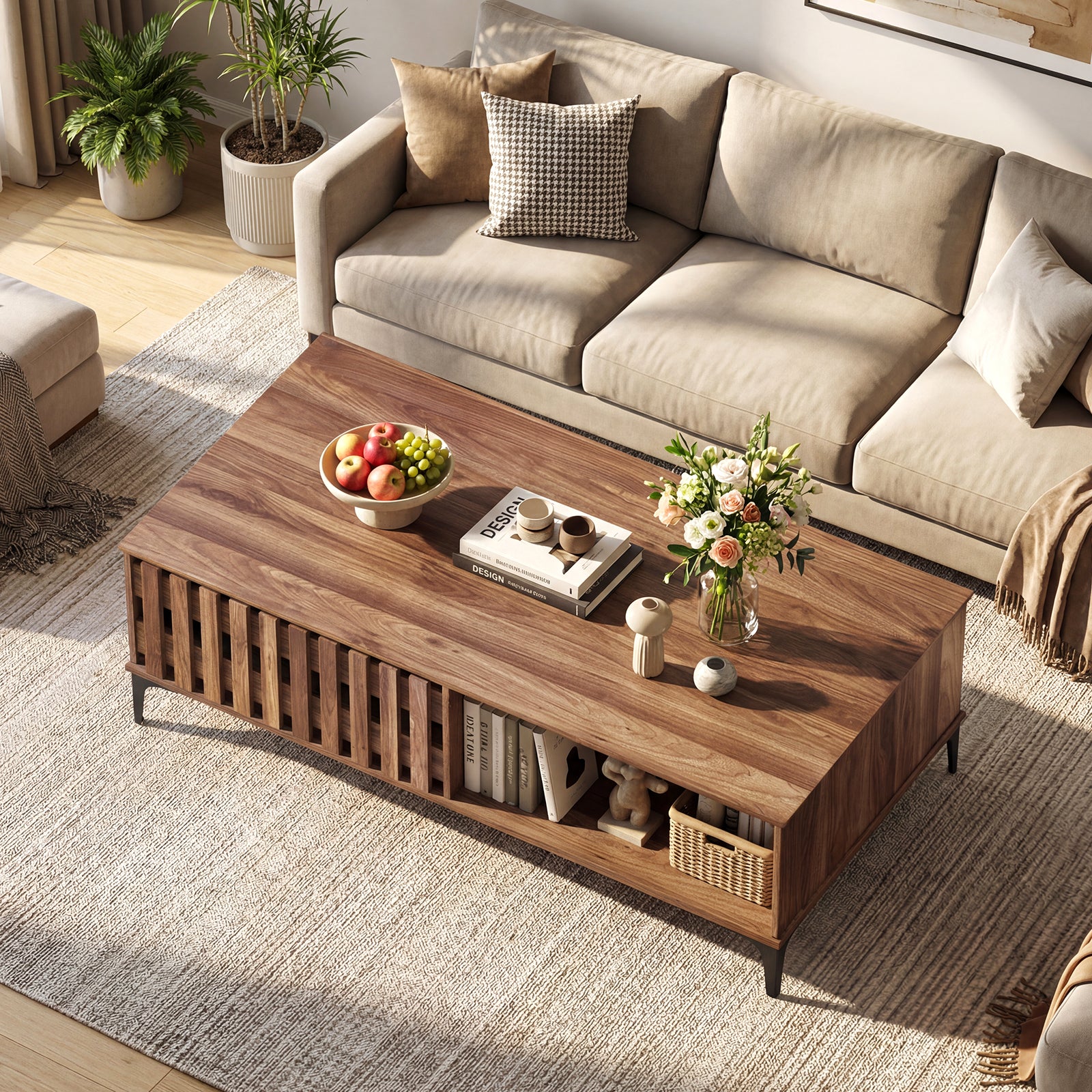 47 Inch Mid Century Coffee Table, Farmhouse Wooden Center Table, Walnut Entertainment Centers & TV Stands at Gallery Canada