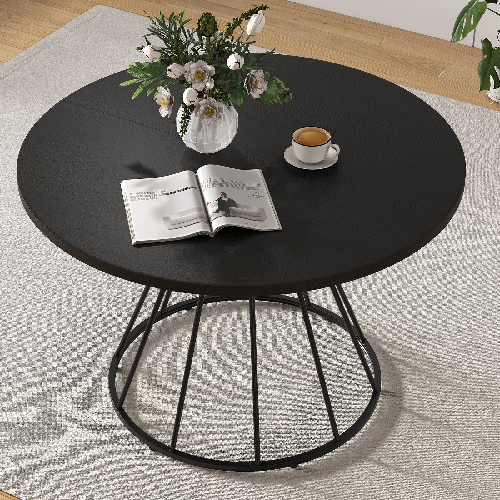 47 Inches Round Dining Table, Farmhouse Kitchen, Wooden Tabletop, Black Dining Tables at Gallery Canada