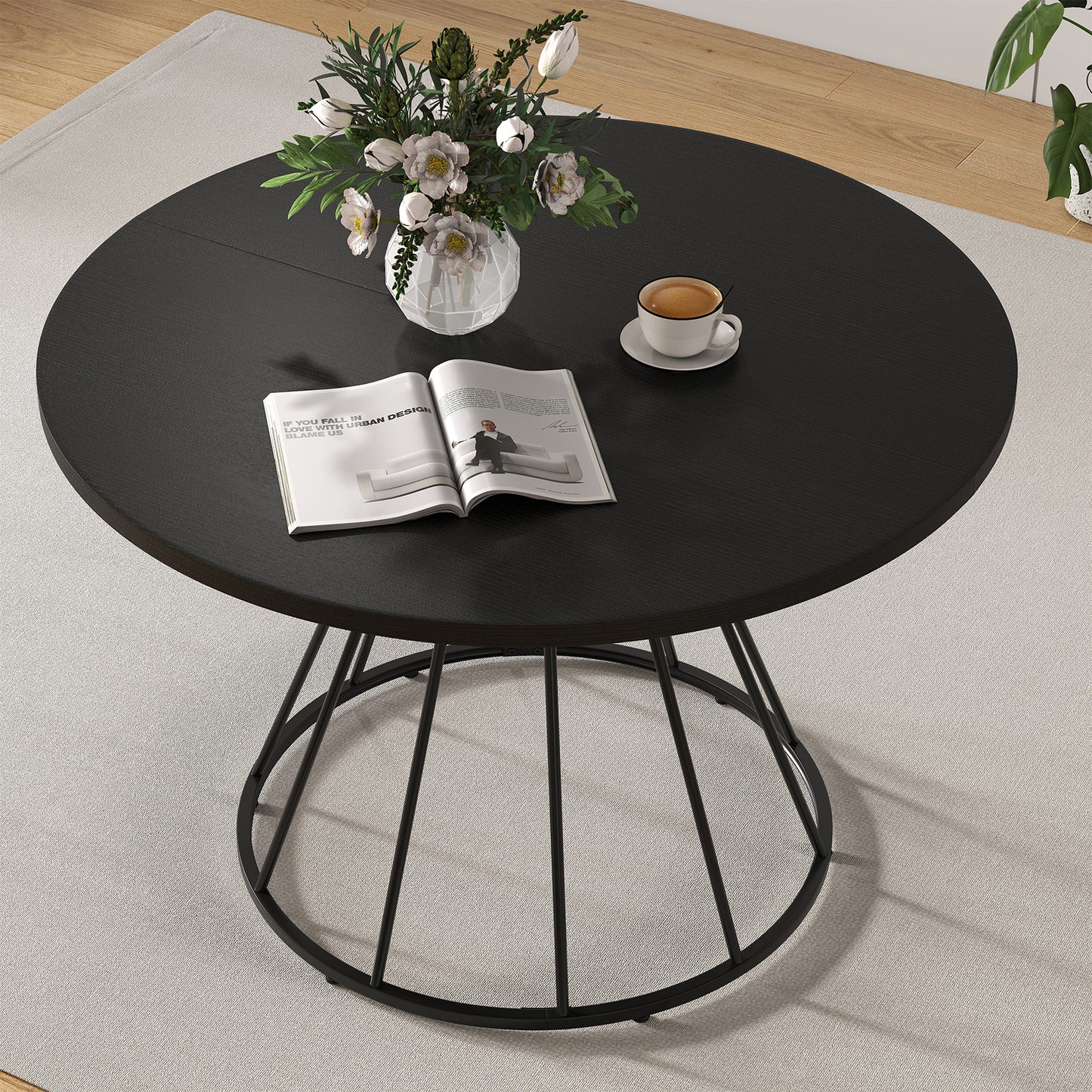 47 Inches Round Dining Table, Farmhouse Kitchen, Wooden Tabletop, Black Dining Tables at Gallery Canada