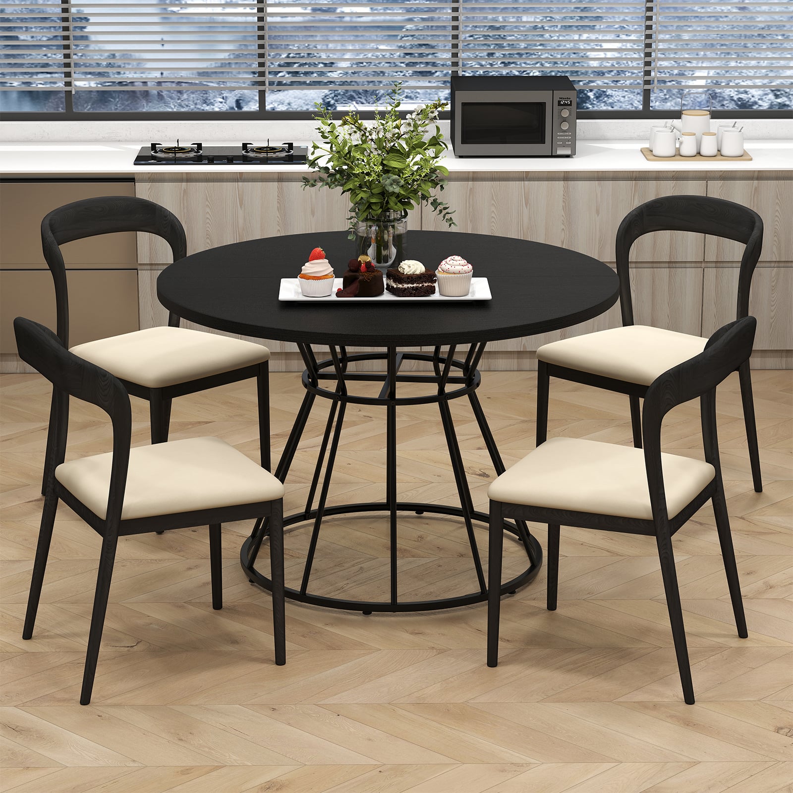 47 Inches Round Dining Table, Farmhouse Kitchen, Wooden Tabletop, Black Dining Tables at Gallery Canada