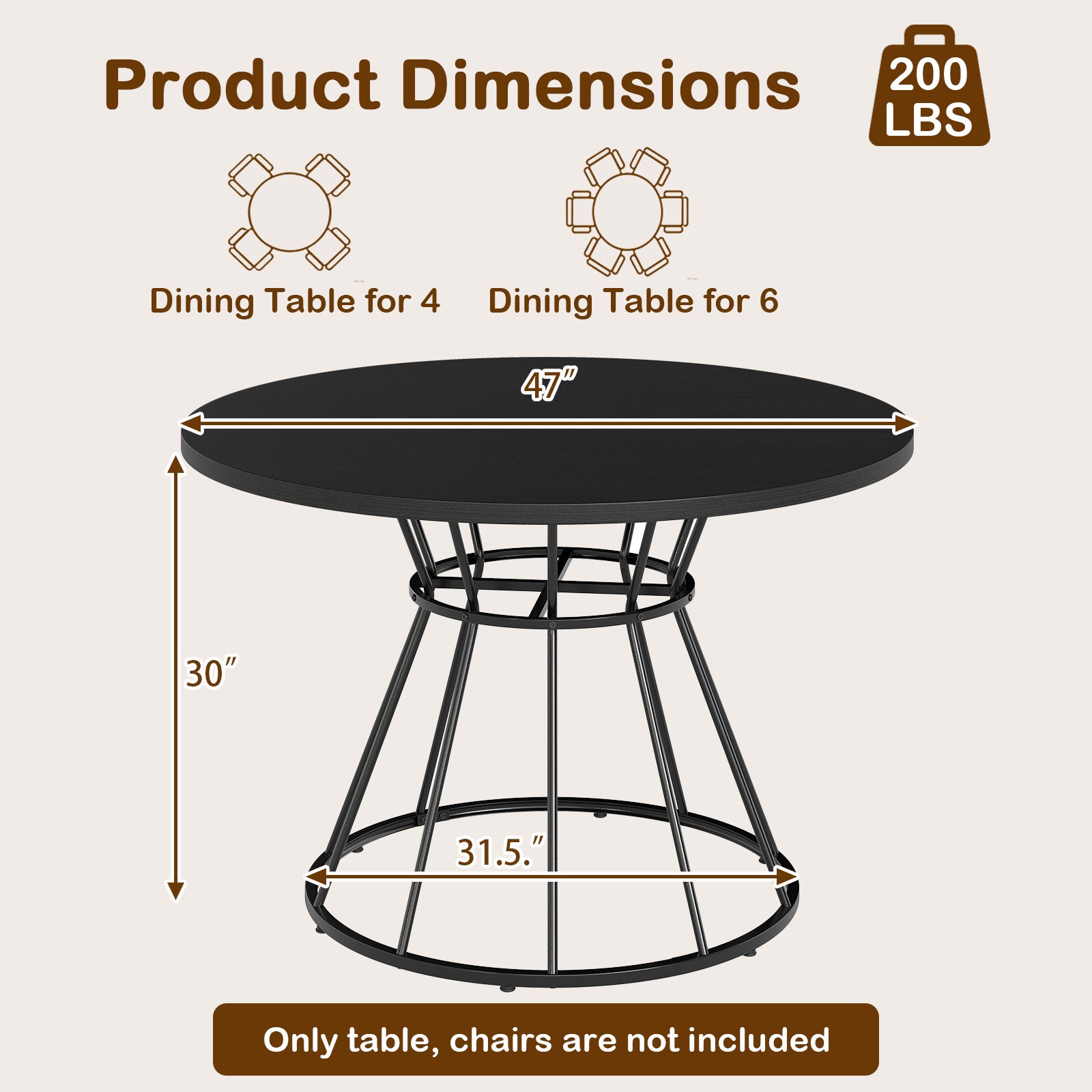 47 Inches Round Dining Table, Farmhouse Kitchen, Wooden Tabletop, Black Dining Tables at Gallery Canada