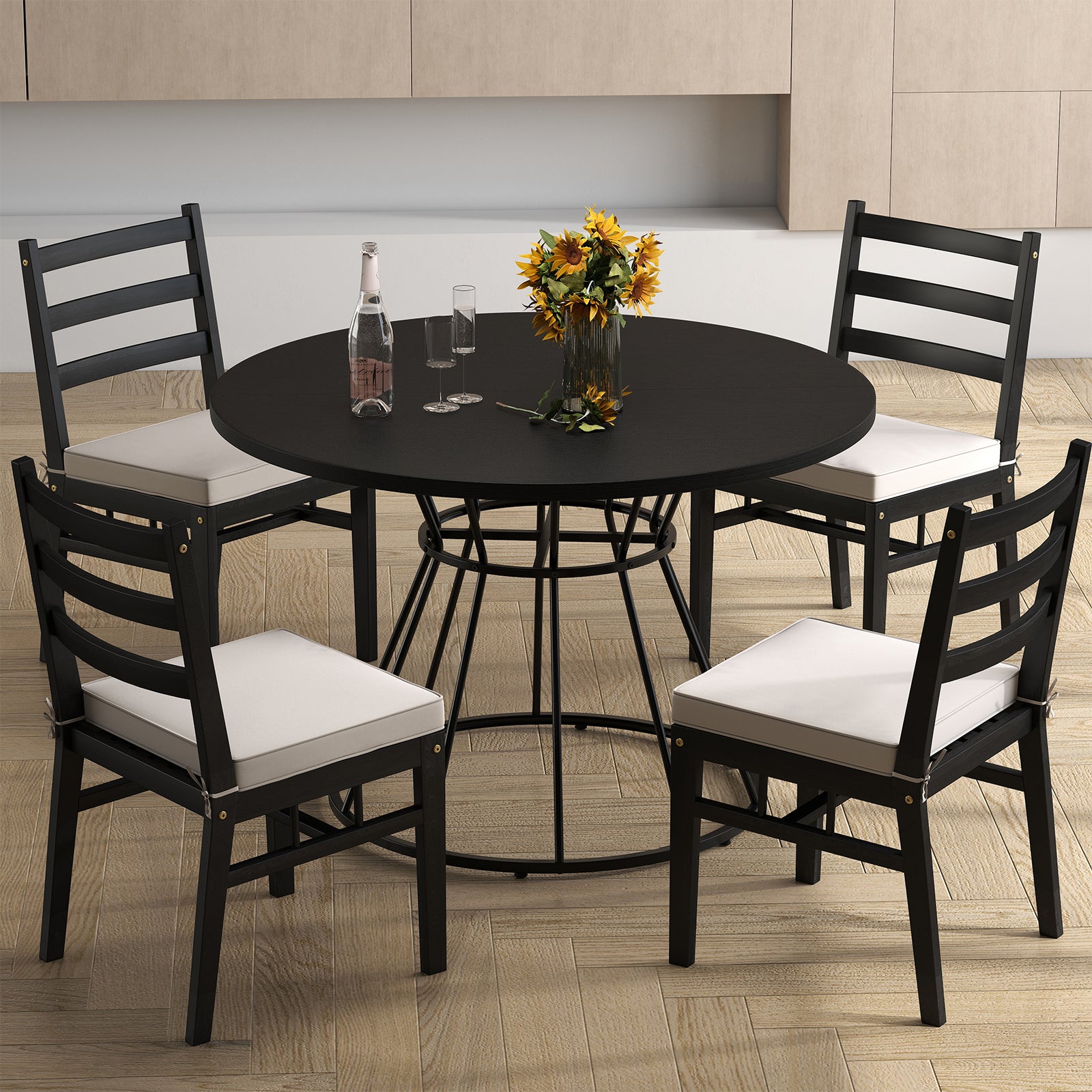 47 Inches Round Dining Table, Farmhouse Kitchen, Wooden Tabletop, Black Dining Tables at Gallery Canada