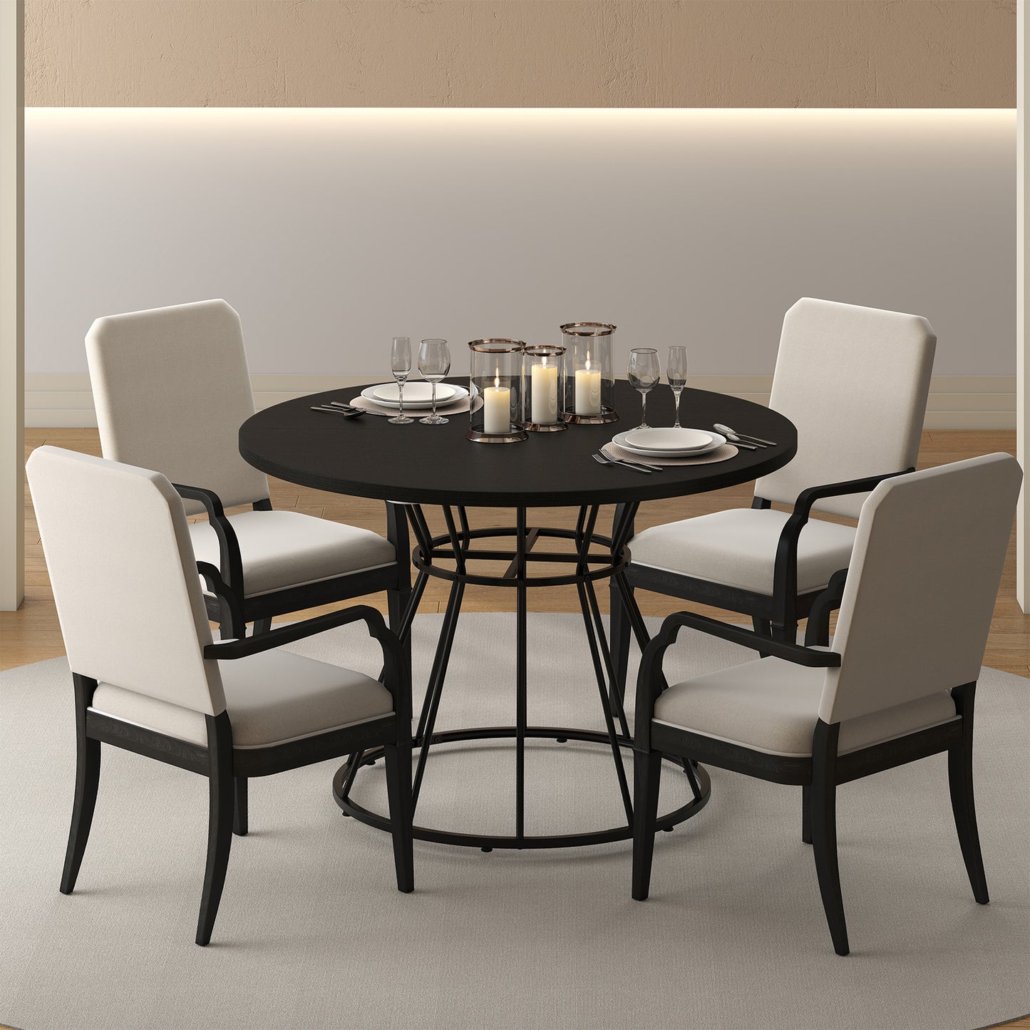 47 Inches Round Dining Table, Farmhouse Kitchen, Wooden Tabletop, Black Dining Tables at Gallery Canada