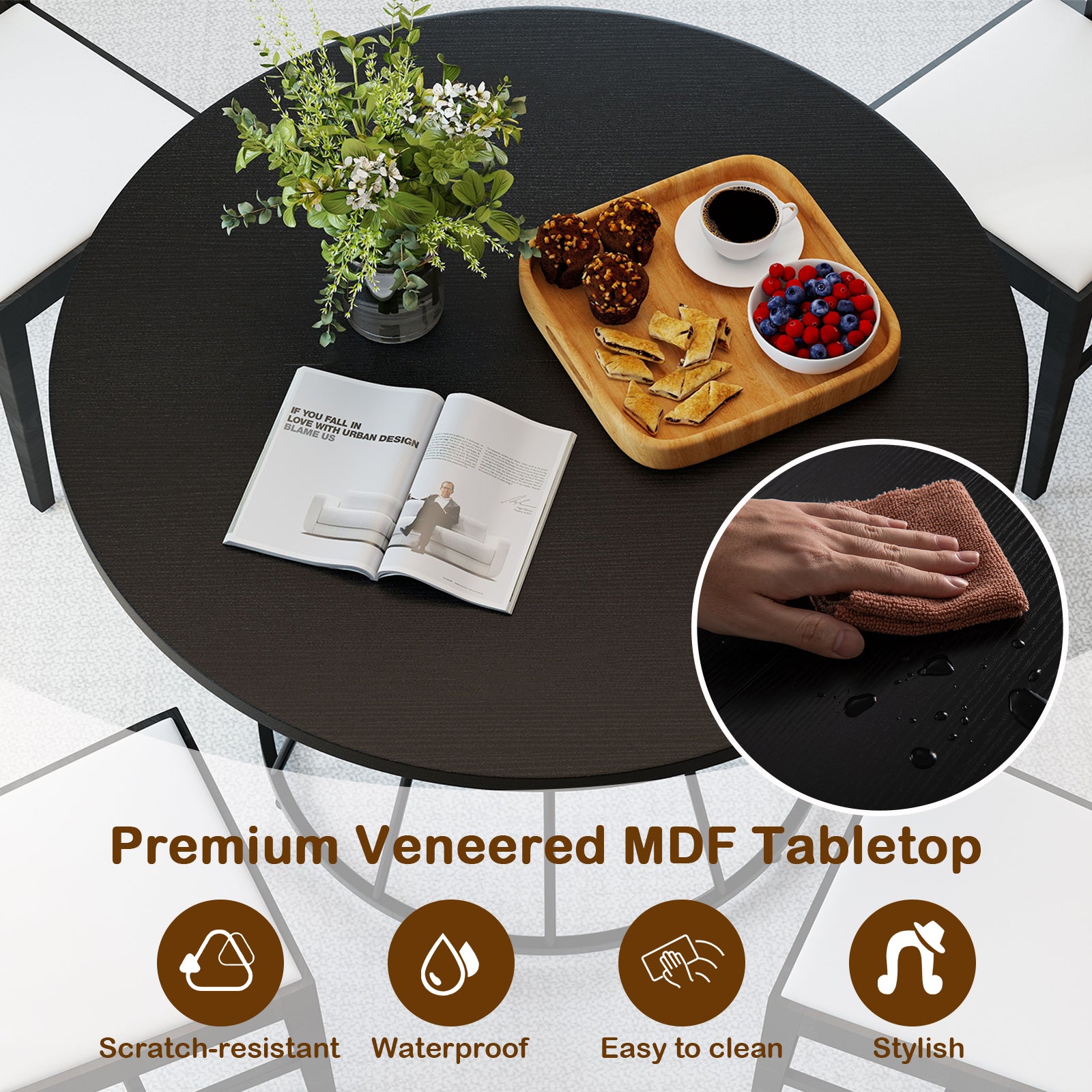 47 Inches Round Dining Table, Farmhouse Kitchen, Wooden Tabletop, Black Dining Tables at Gallery Canada