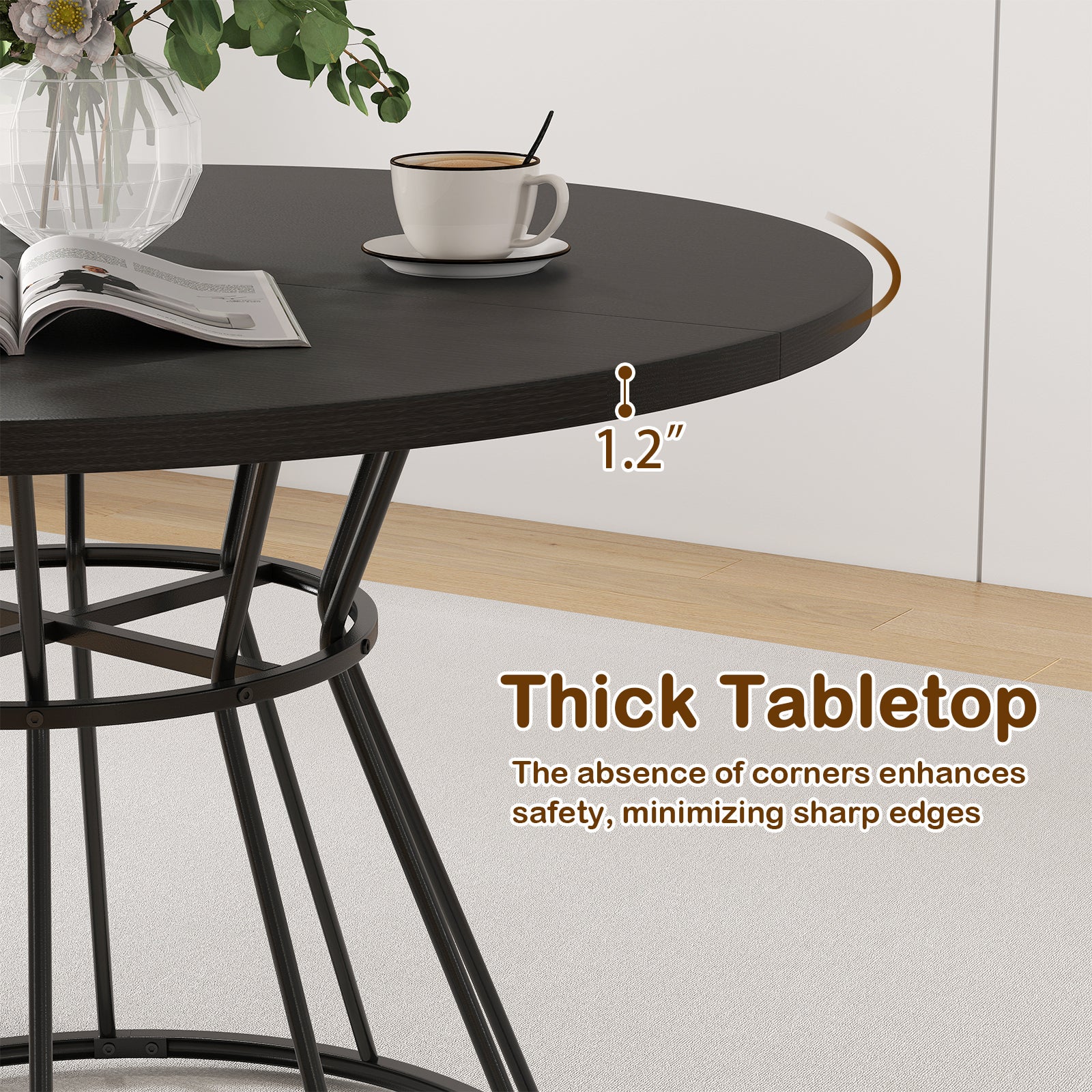47 Inches Round Dining Table, Farmhouse Kitchen, Wooden Tabletop, Black Dining Tables at Gallery Canada