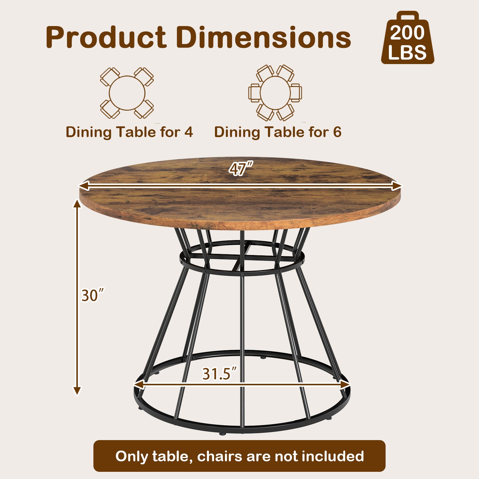 47 Inches Round Dining Table For 4, Wooden Tabletop, Brown Dining Tables at Gallery Canada