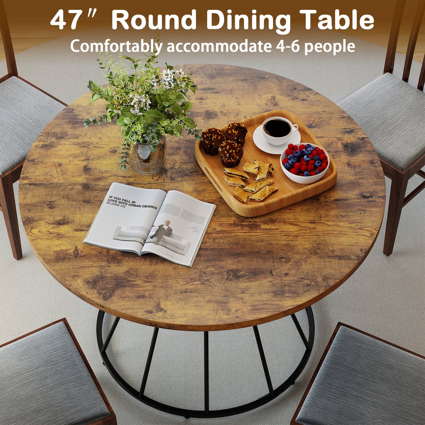 47 Inches Round Dining Table For 4, Wooden Tabletop, Brown Dining Tables at Gallery Canada