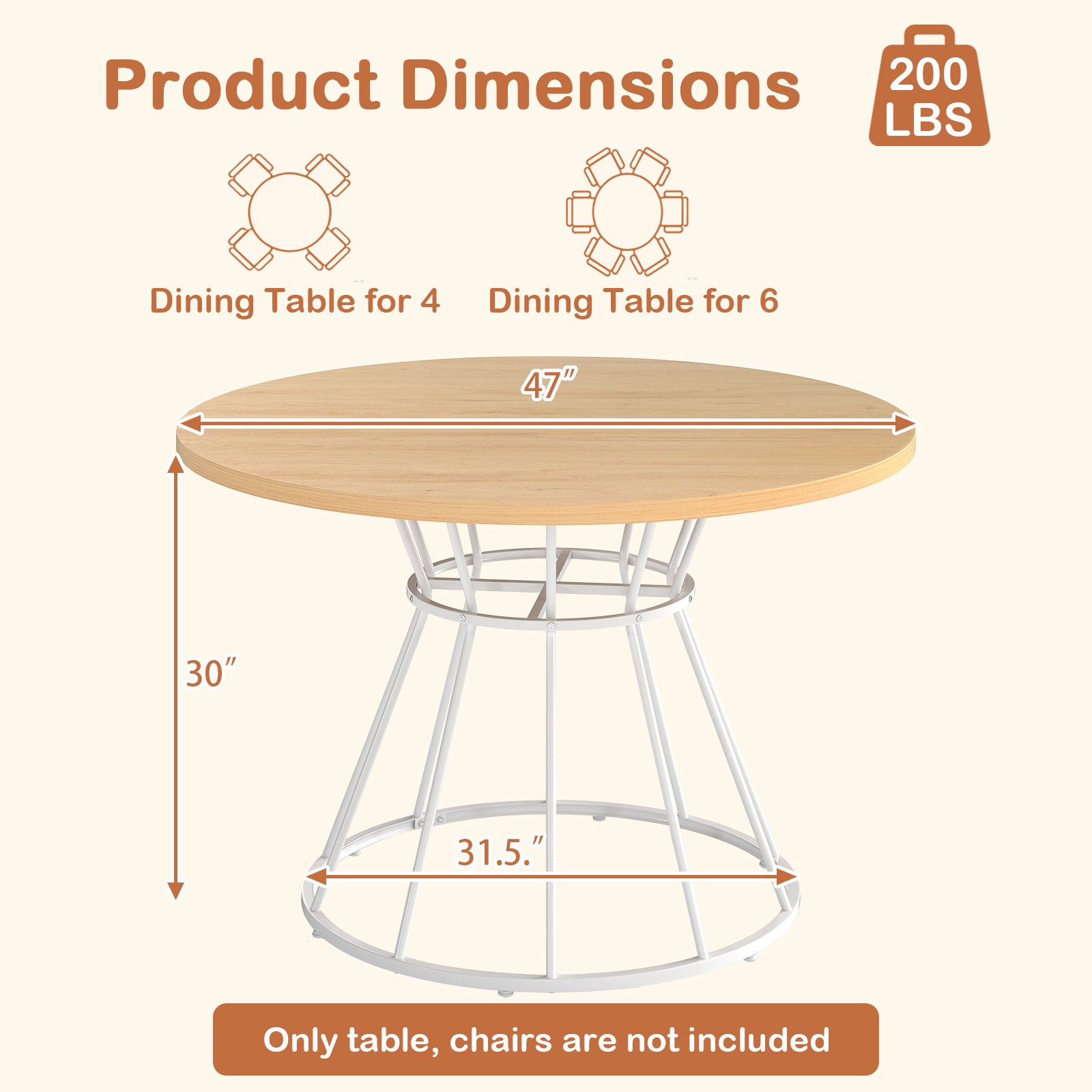 47 Inches Round Dining Table, Wooden Tabletop, Natural Dining Tables at Gallery Canada