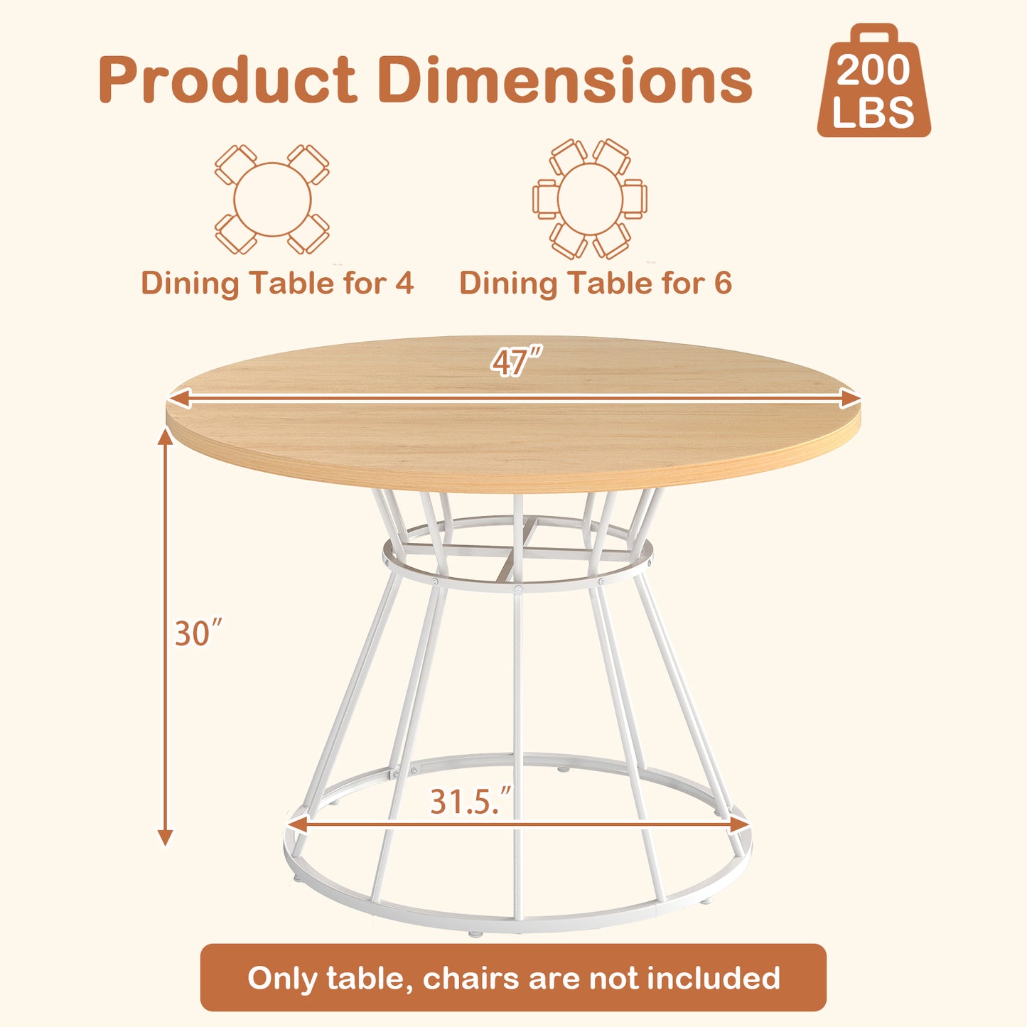 47 Inches Round Dining Table, Wooden Tabletop, Natural Dining Tables at Gallery Canada