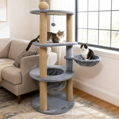 47 Inches Tall Cat Tower with Cat Nest and Scratching Posts, Gray