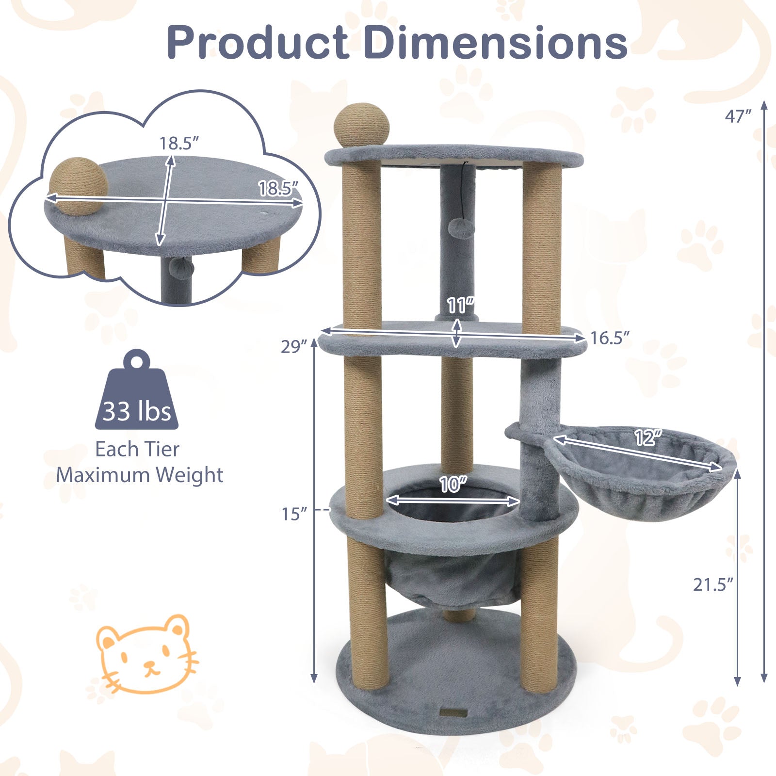 47 Inches Tall Cat Tower with Cat Nest and Scratching Posts, Gray Cat Trees Condos & Scratchers at Gallery Canada