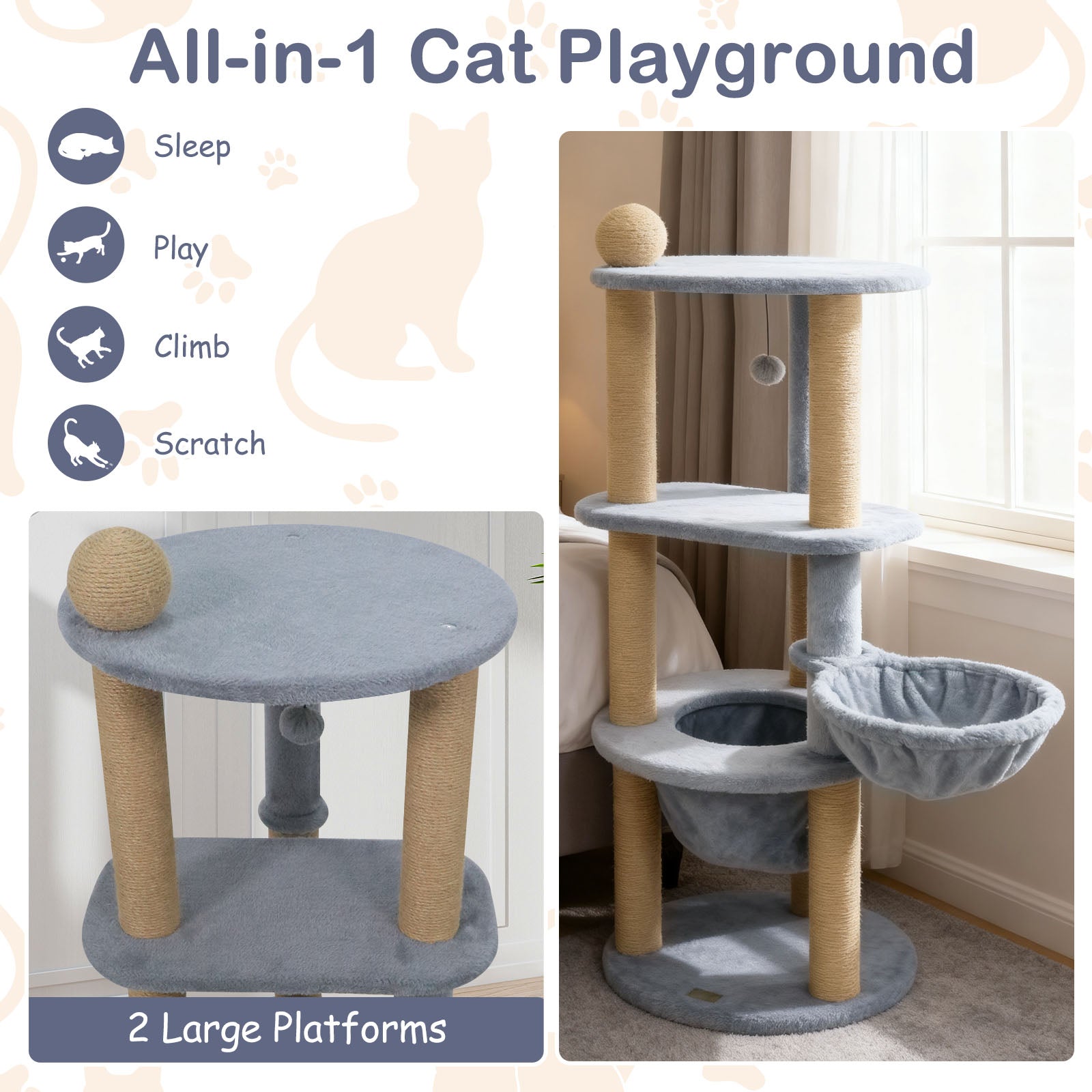 47 Inches Tall Cat Tower with Cat Nest and Scratching Posts, Gray Cat Trees Condos & Scratchers at Gallery Canada