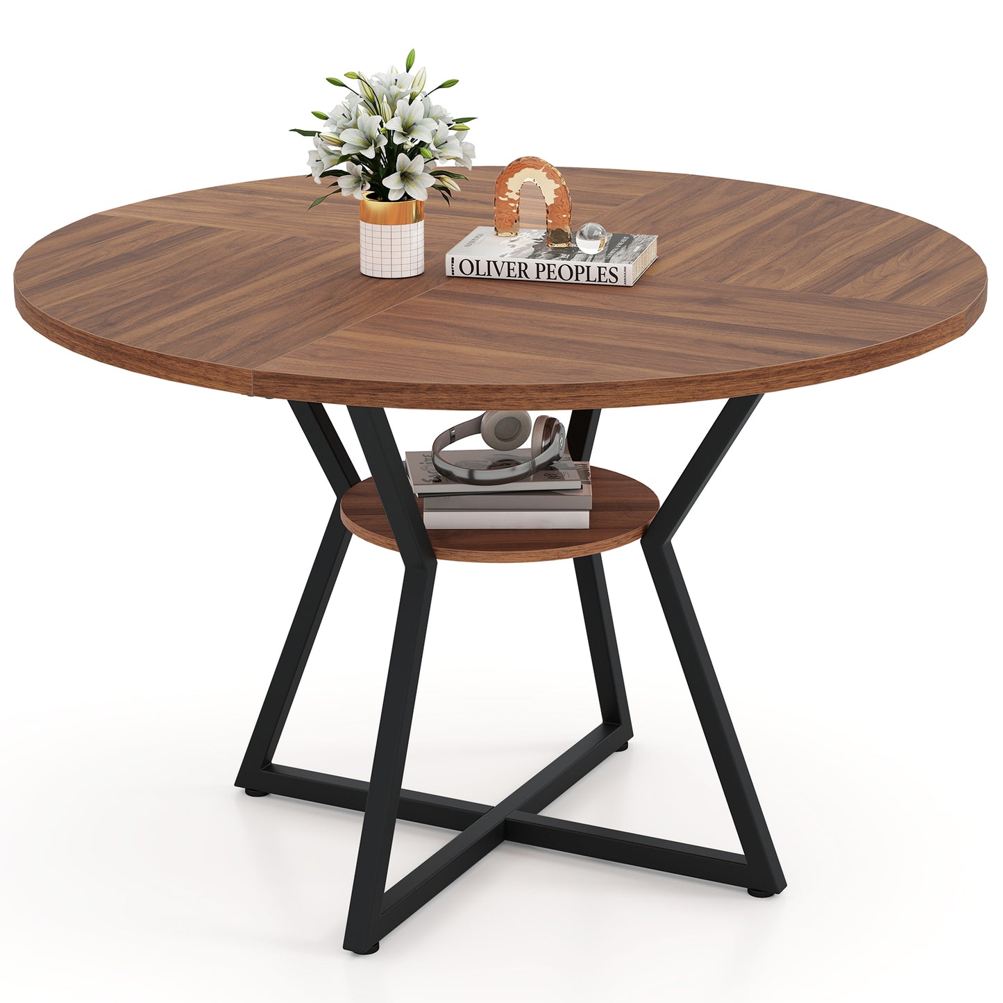 47" Round Dining Table for 4 with Storage Shelf, Brown Dining Tables Brown at Gallery Canada