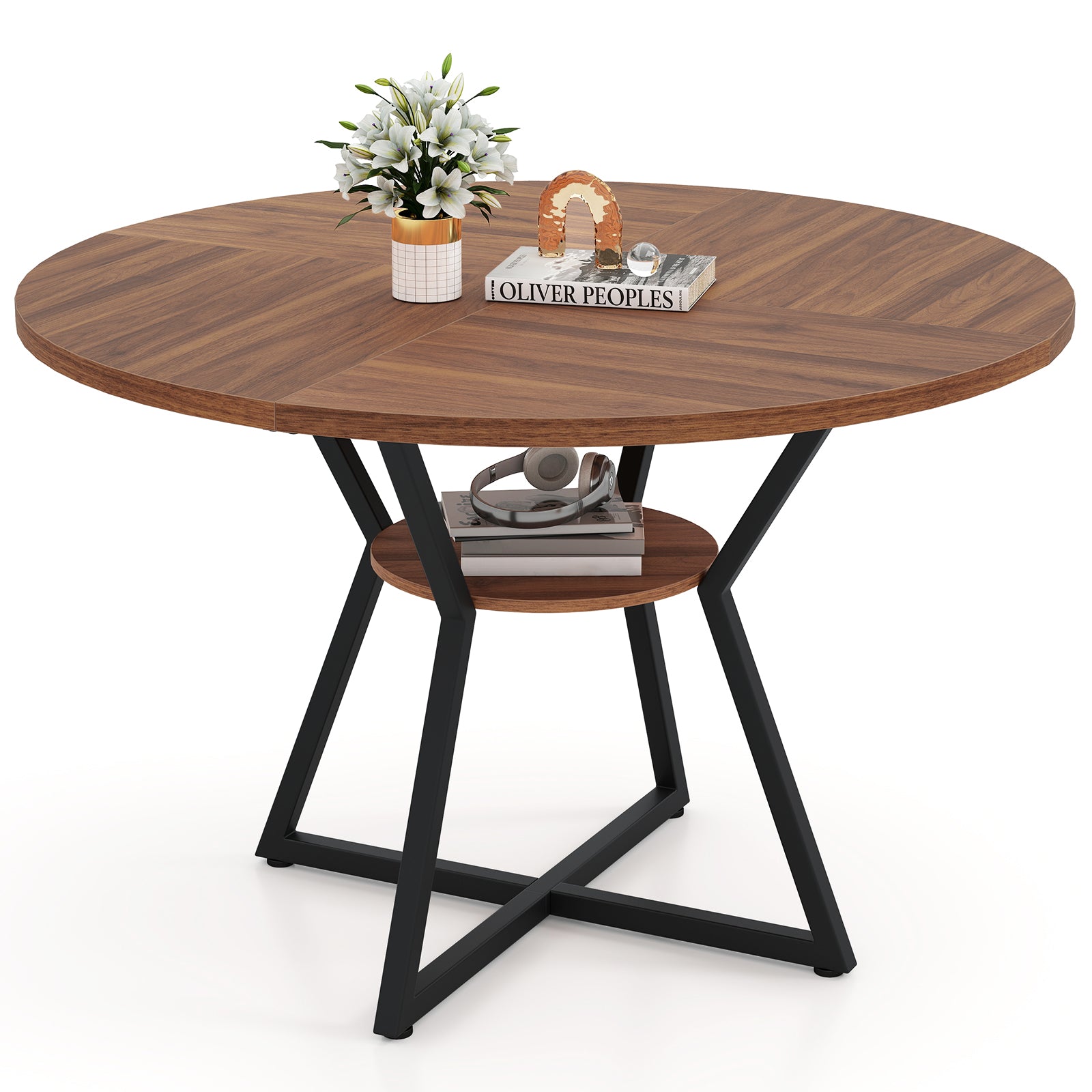 47" Round Dining Table for 4 with Storage Shelf, Brown Dining Tables Brown at Gallery Canada