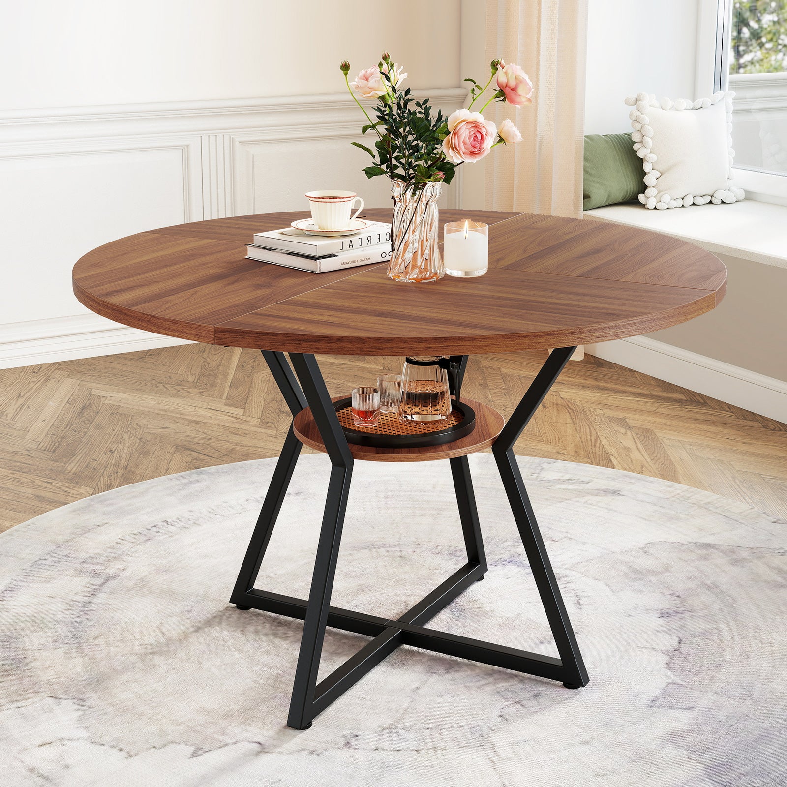47" Round Dining Table for 4 with Storage Shelf, Brown Dining Tables at Gallery Canada