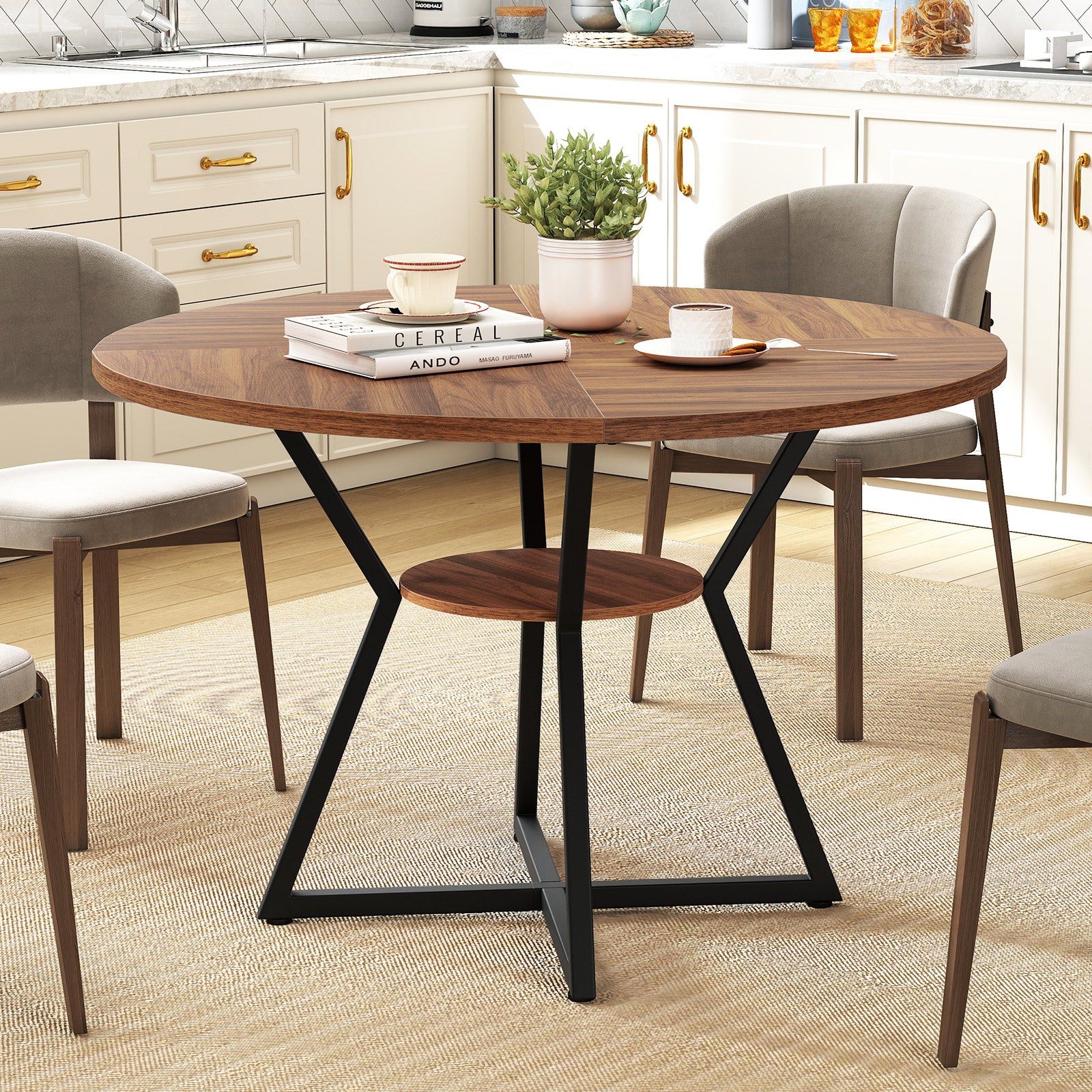 47" Round Dining Table for 4 with Storage Shelf, Brown Dining Tables at Gallery Canada