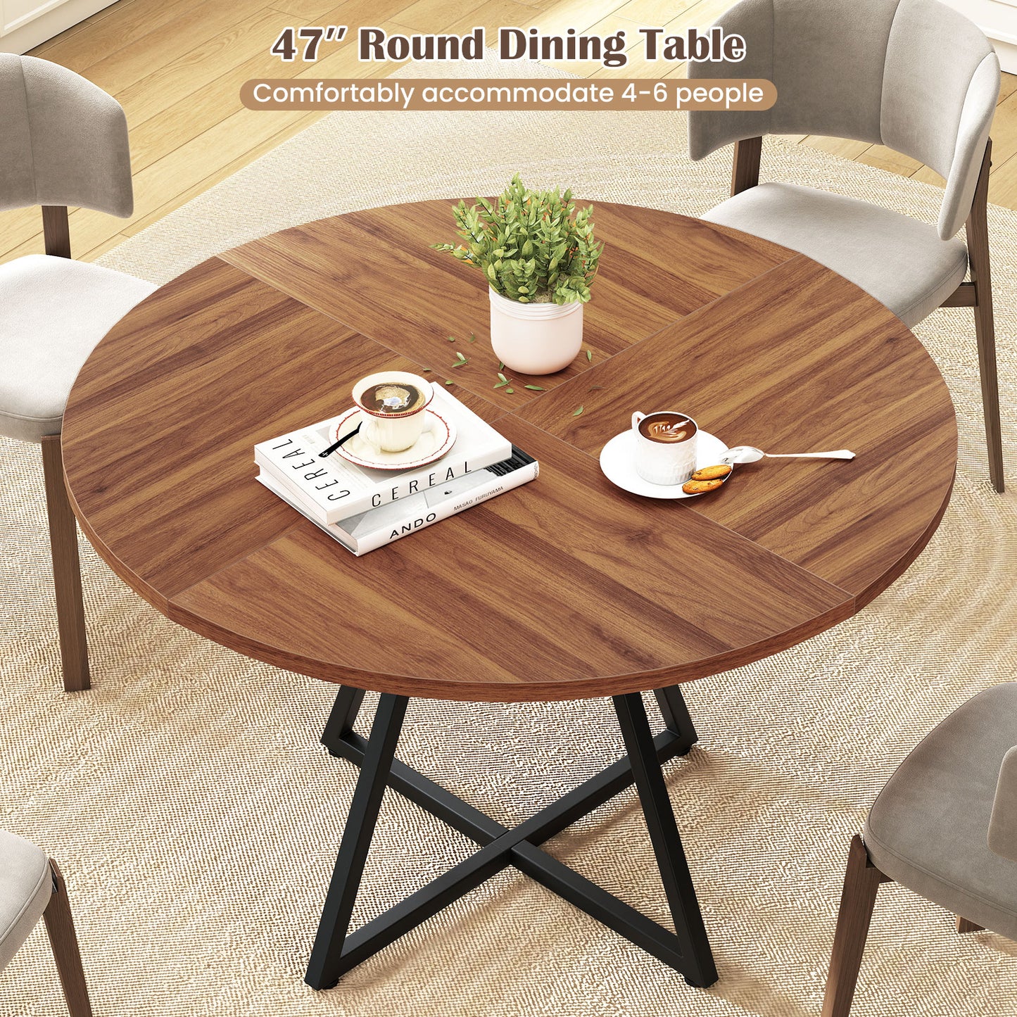 47" Round Dining Table for 4 with Storage Shelf, Brown Dining Tables at Gallery Canada