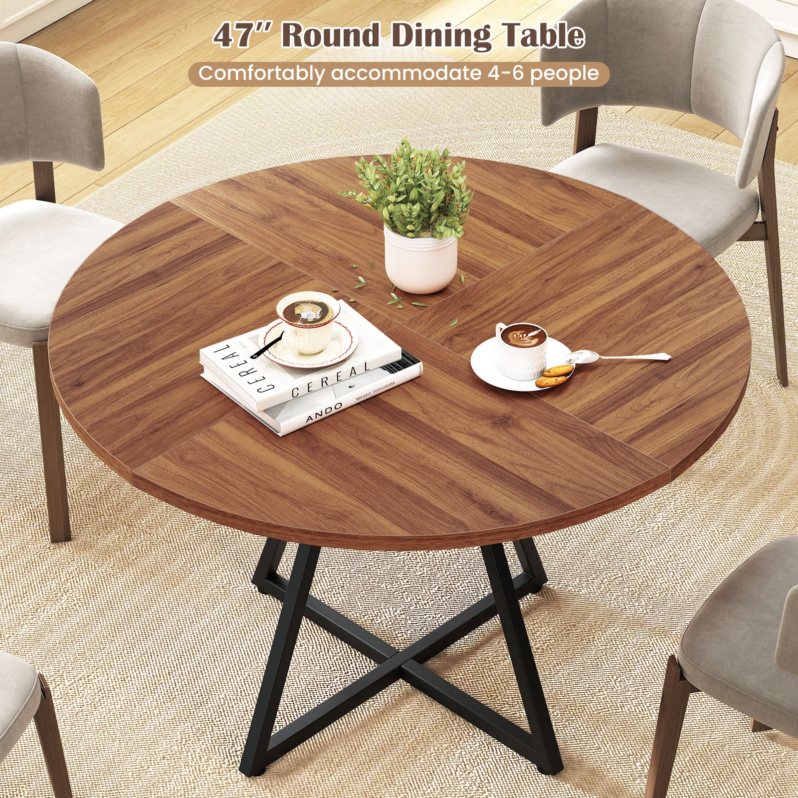47" Round Dining Table for 4 with Storage Shelf, Brown Dining Tables at Gallery Canada