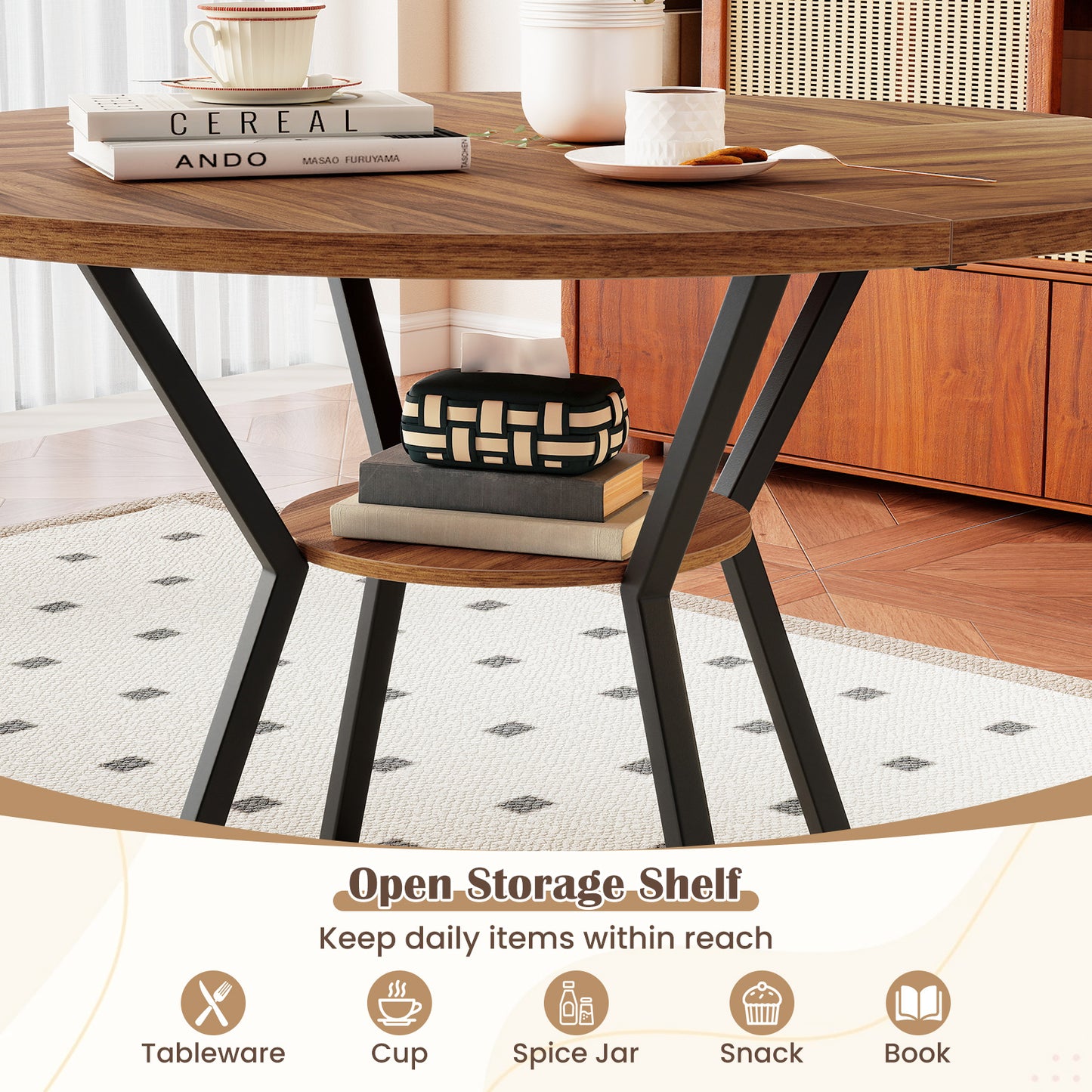 47" Round Dining Table for 4 with Storage Shelf, Brown Dining Tables at Gallery Canada