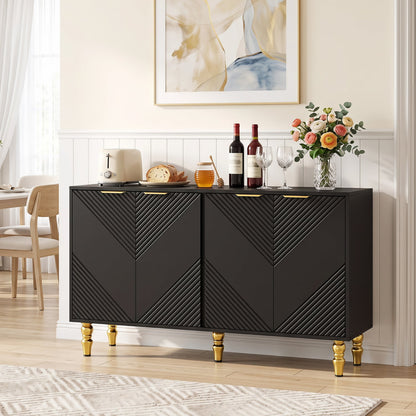 47" Sideboard Buffet Cabinet, 4 Fluted Doors, Anti-Toppling, Black