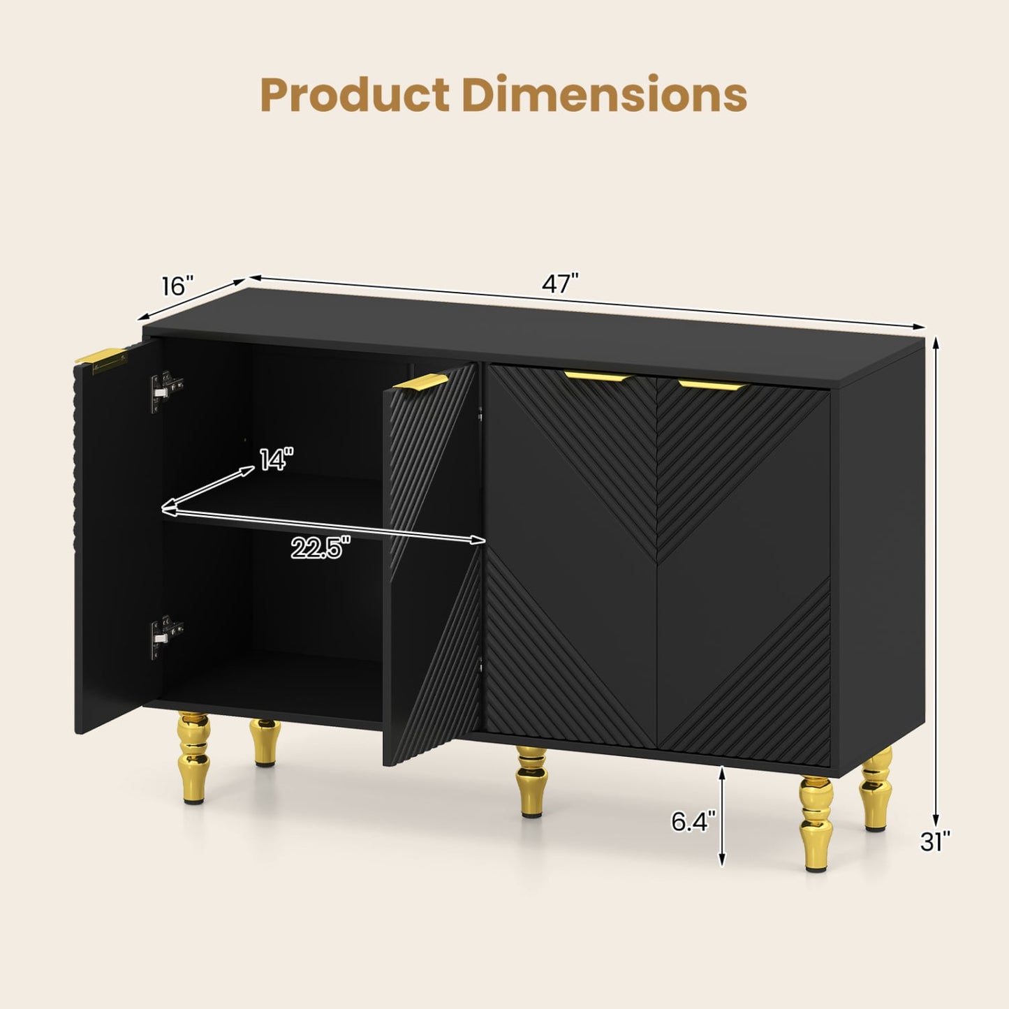 47" Sideboard Buffet Cabinet, 4 Fluted Doors, Anti-Toppling, Black