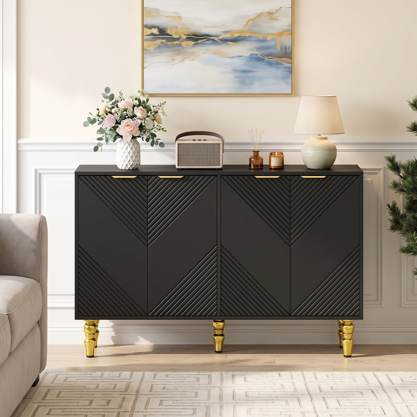47" Sideboard Buffet Cabinet, 4 Fluted Doors, Anti-Toppling, Black