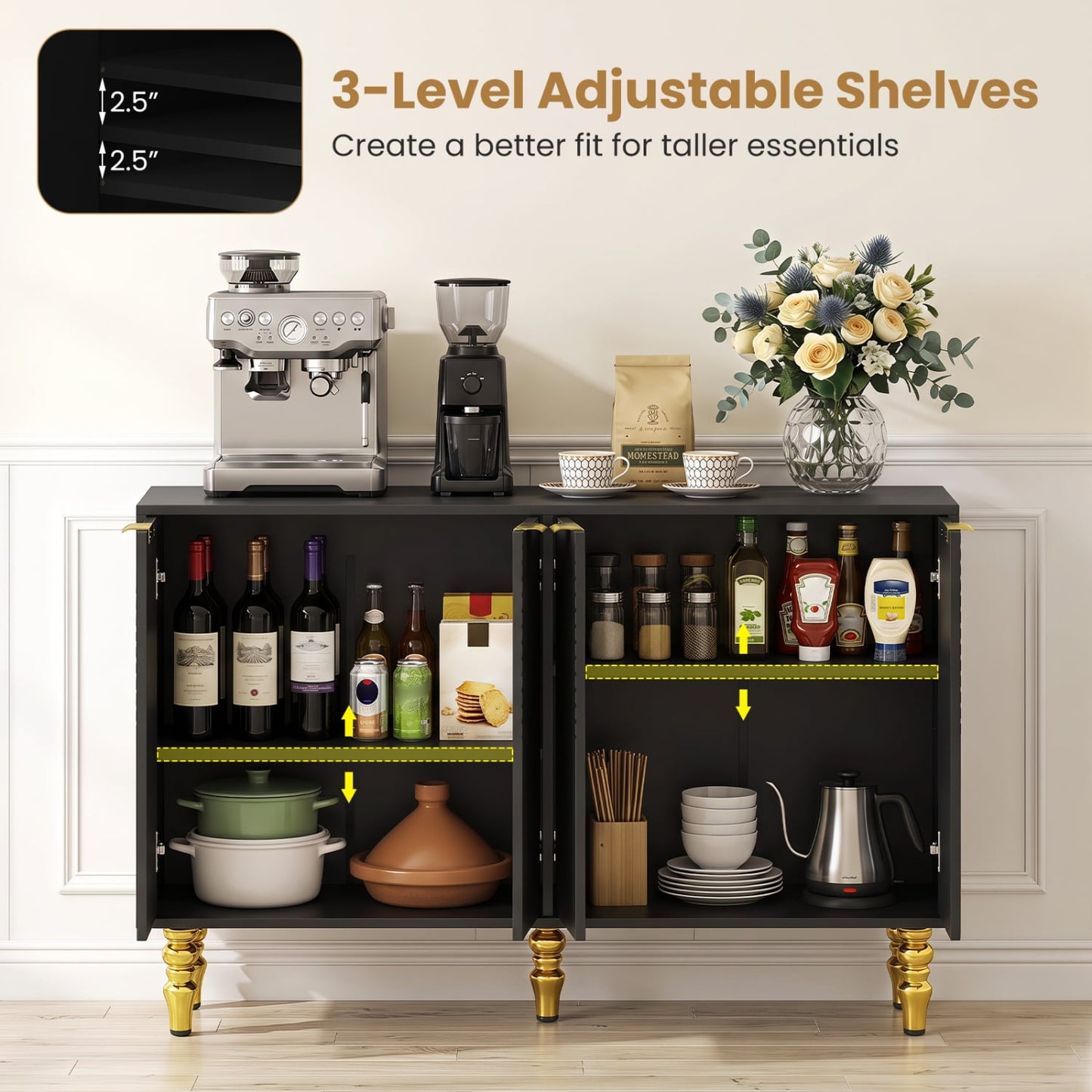 47" Sideboard Buffet Cabinet, 4 Fluted Doors, Anti-Toppling, Black