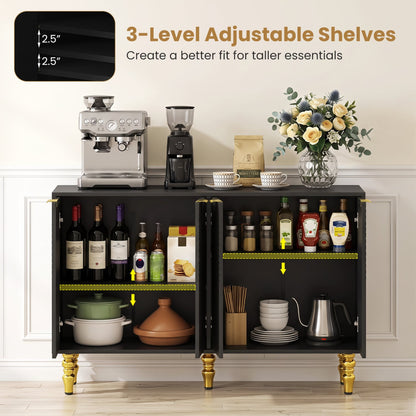 47" Sideboard Buffet Cabinet, 4 Fluted Doors, Anti-Toppling, Black
