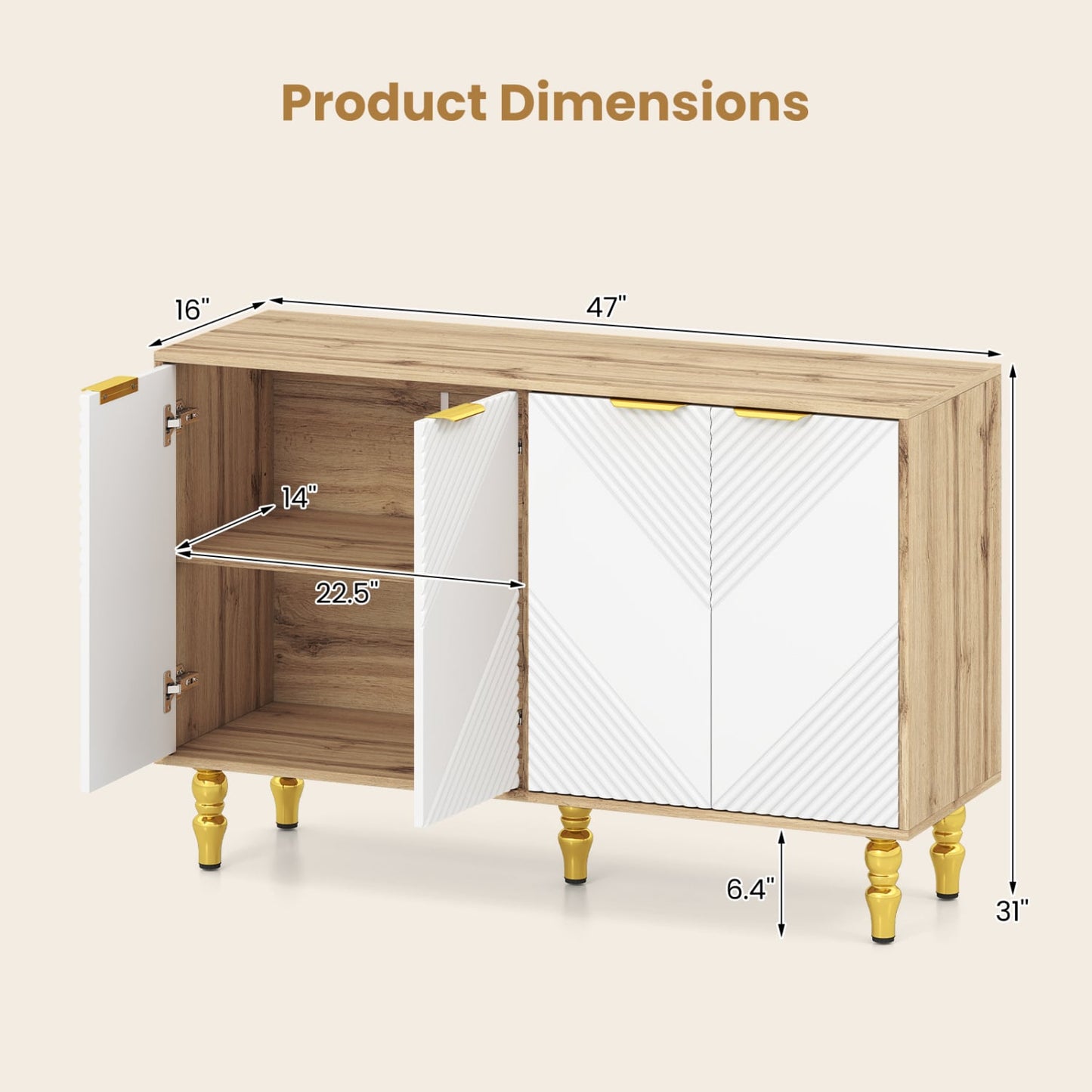 47" Sideboard Buffet Cabinet, 4 Fluted Doors, Anti-Toppling, Natural