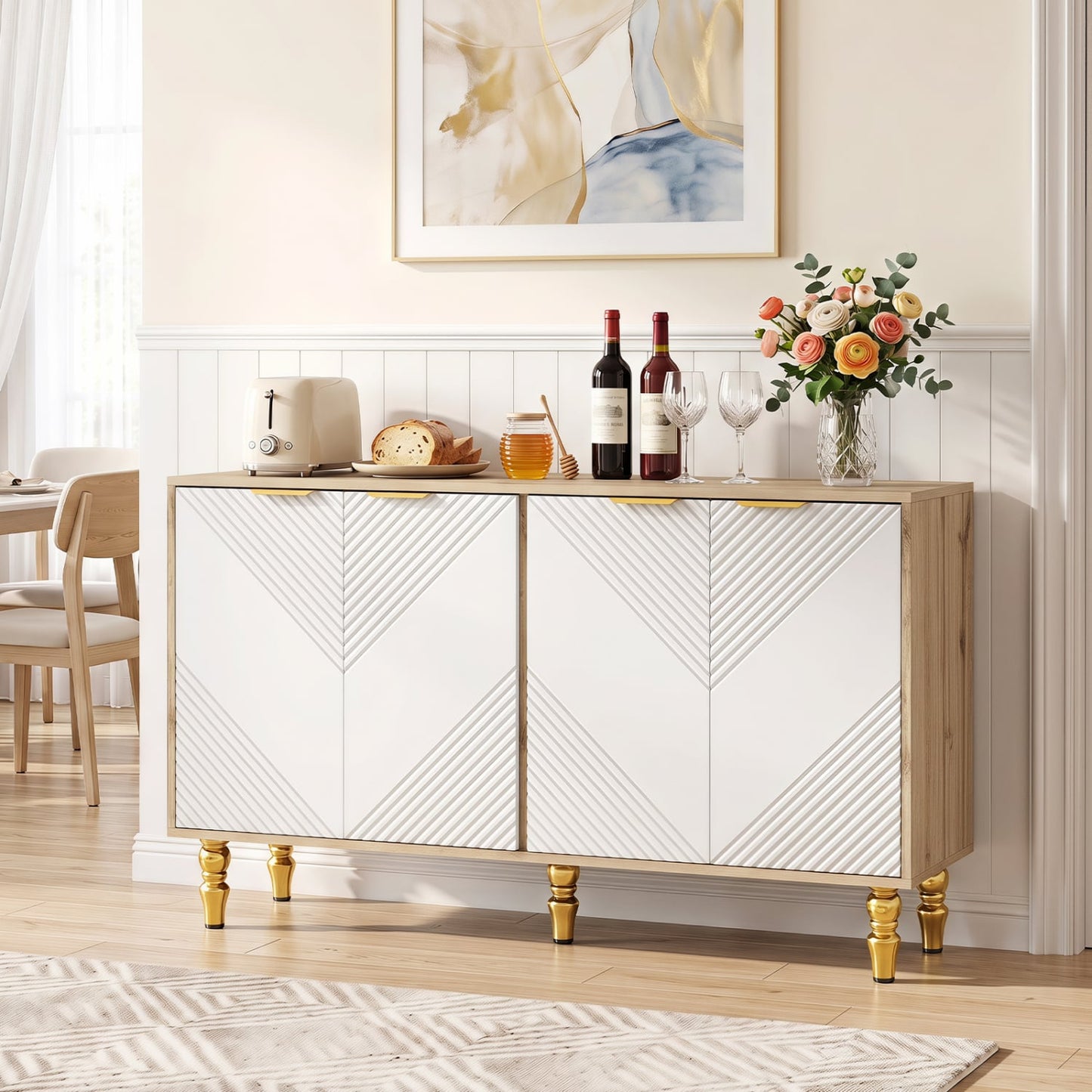 47" Sideboard Buffet Cabinet, 4 Fluted Doors, Anti-Toppling, Natural