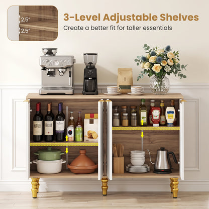 47" Sideboard Buffet Cabinet, 4 Fluted Doors, Anti-Toppling, Natural