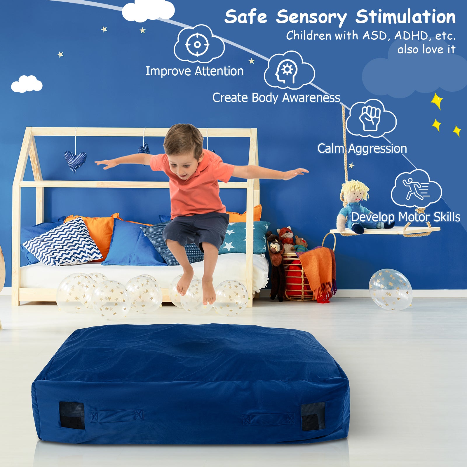 47 x 35.5 Inch Crash Pad Sensory Mat, With Foam Blocks And Washable Cover, Blue Outdoor Play at Gallery Canada