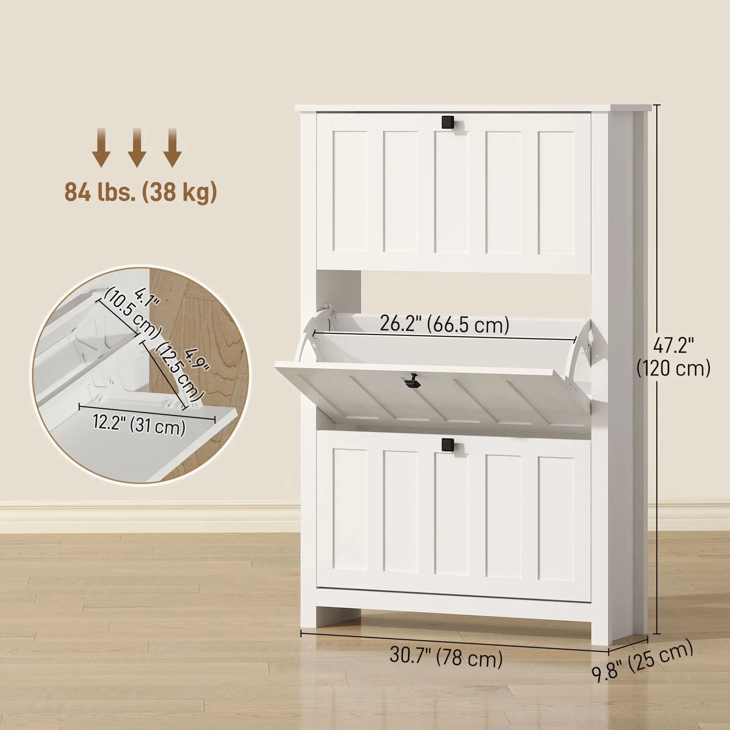 Slim Shoe Cabinet, 3 Flip Drawers, Adjustable Shelves, Holds 18 Pairs, White Shoe Storage Cabinets & Racks at Gallery Canada
