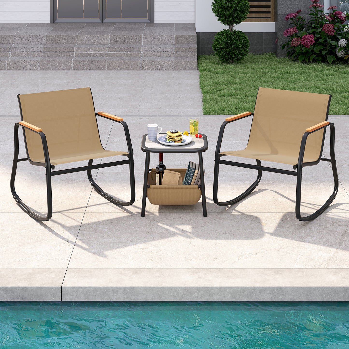 3 Piece Rocking Bistro Chairs and Side Table Set with Storage Bag, Brown Patio Conversation Sets at Gallery Canada