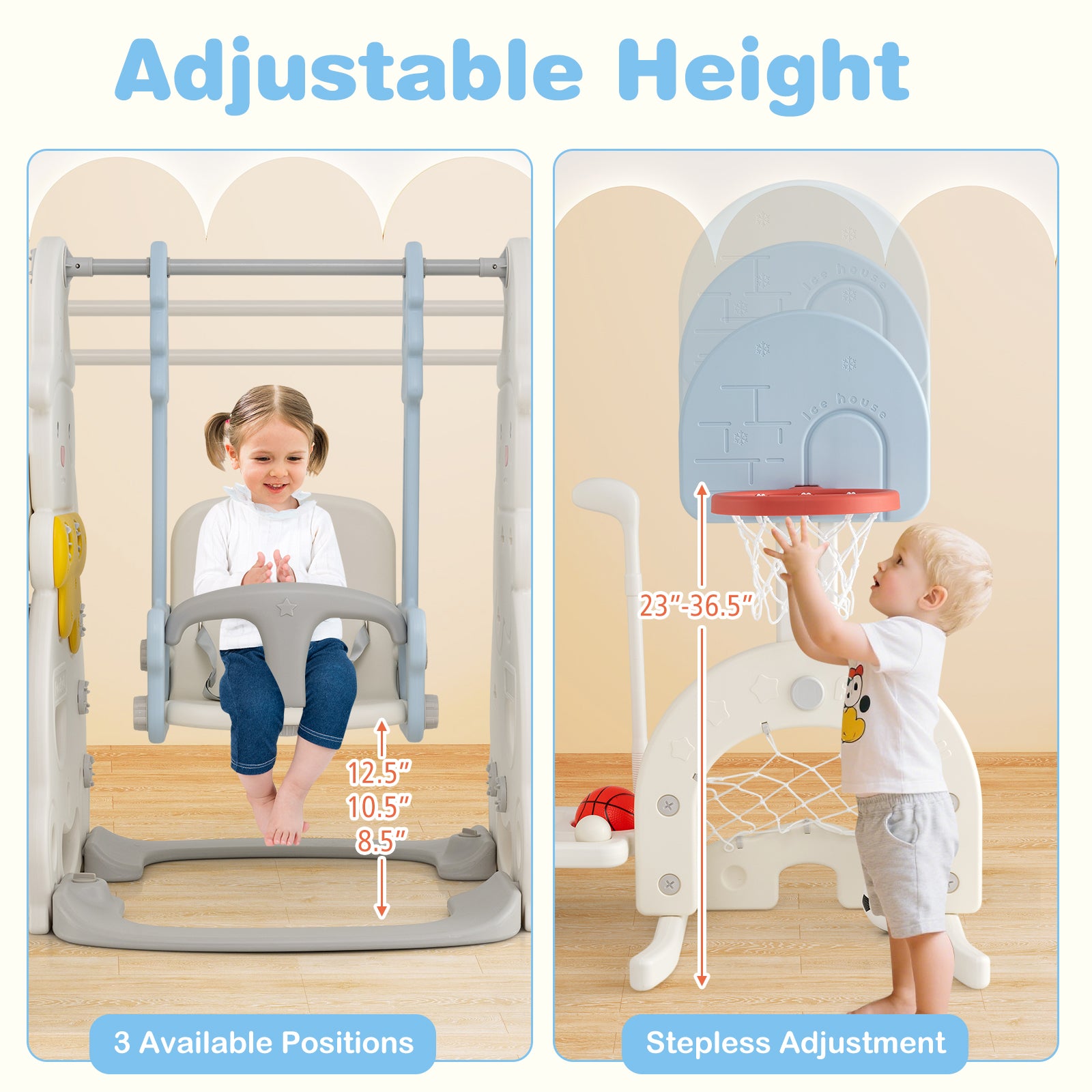 7 in 1 Toddler Slide and Swing Set with Height Adjustable Swing and Basketball Hoop, Multicolor Swing & Playsets at Gallery Canada