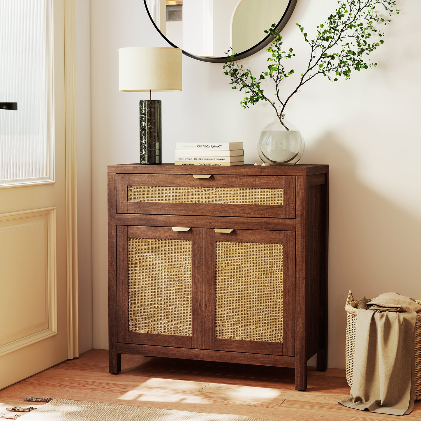 Sideboard Storage Cabinet with Rattan Doors and Drawer, Brown Sideboards Cabinets & Buffets at Gallery Canada