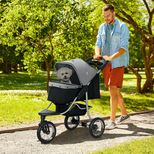 3-Wheel Pet Stroller, One-Click Folding, Adjustable Canopy, Grey