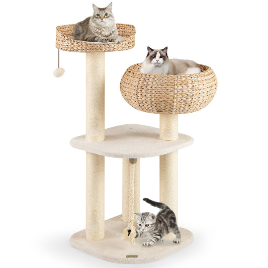 41 Inch Rattan Cat Tree, Napping Perch, White Cat Trees Condos & Scratchers White at Gallery Canada