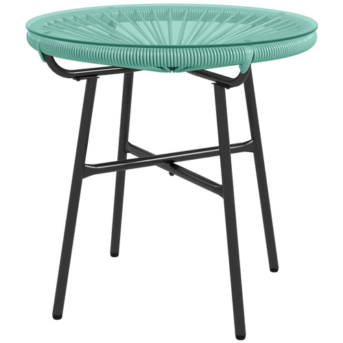 Round Outdoor Rattan Side Table, Tempered Glass Top, Light Green
